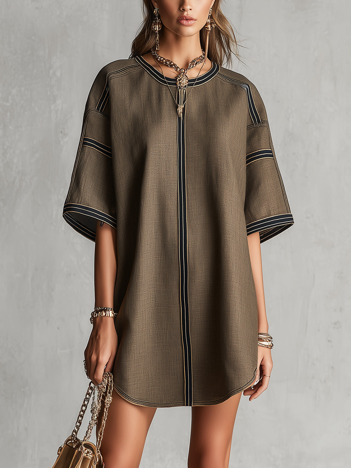 Khaki Oversized Mini Dress With Contrast Stitch Detailing
