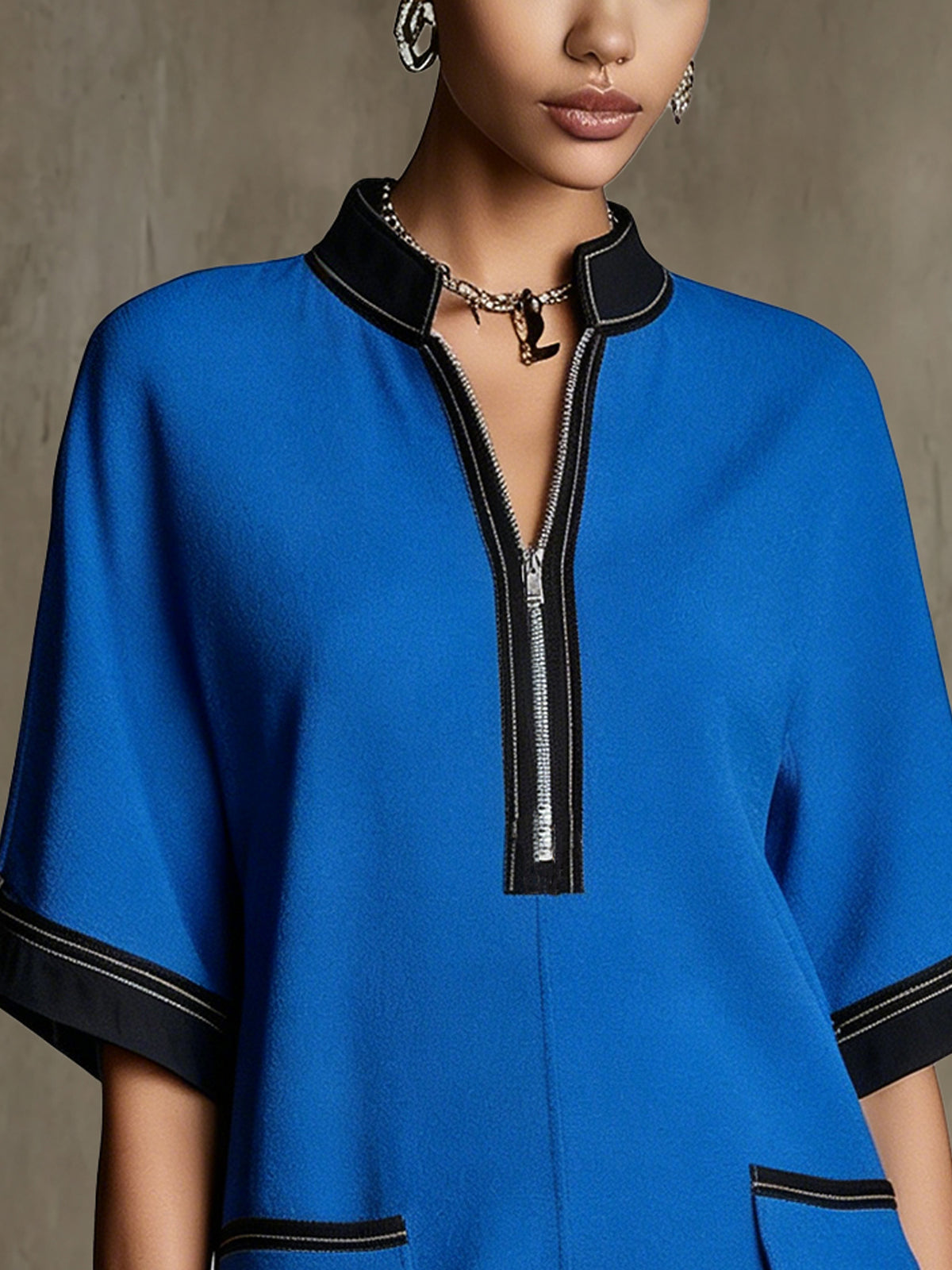 Royal Blue Zip-Front Mini Dress With Black Contrast Trim