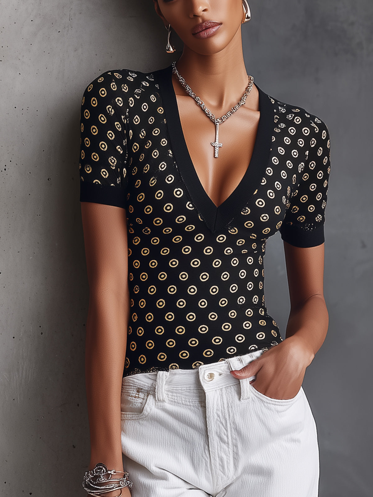 Black V-Neck Knit Top With Gold Circle Pattern Print