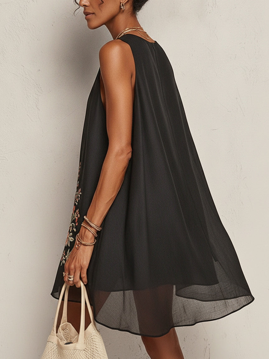 Black Sleeveless Linen Embroidered Mini Dress