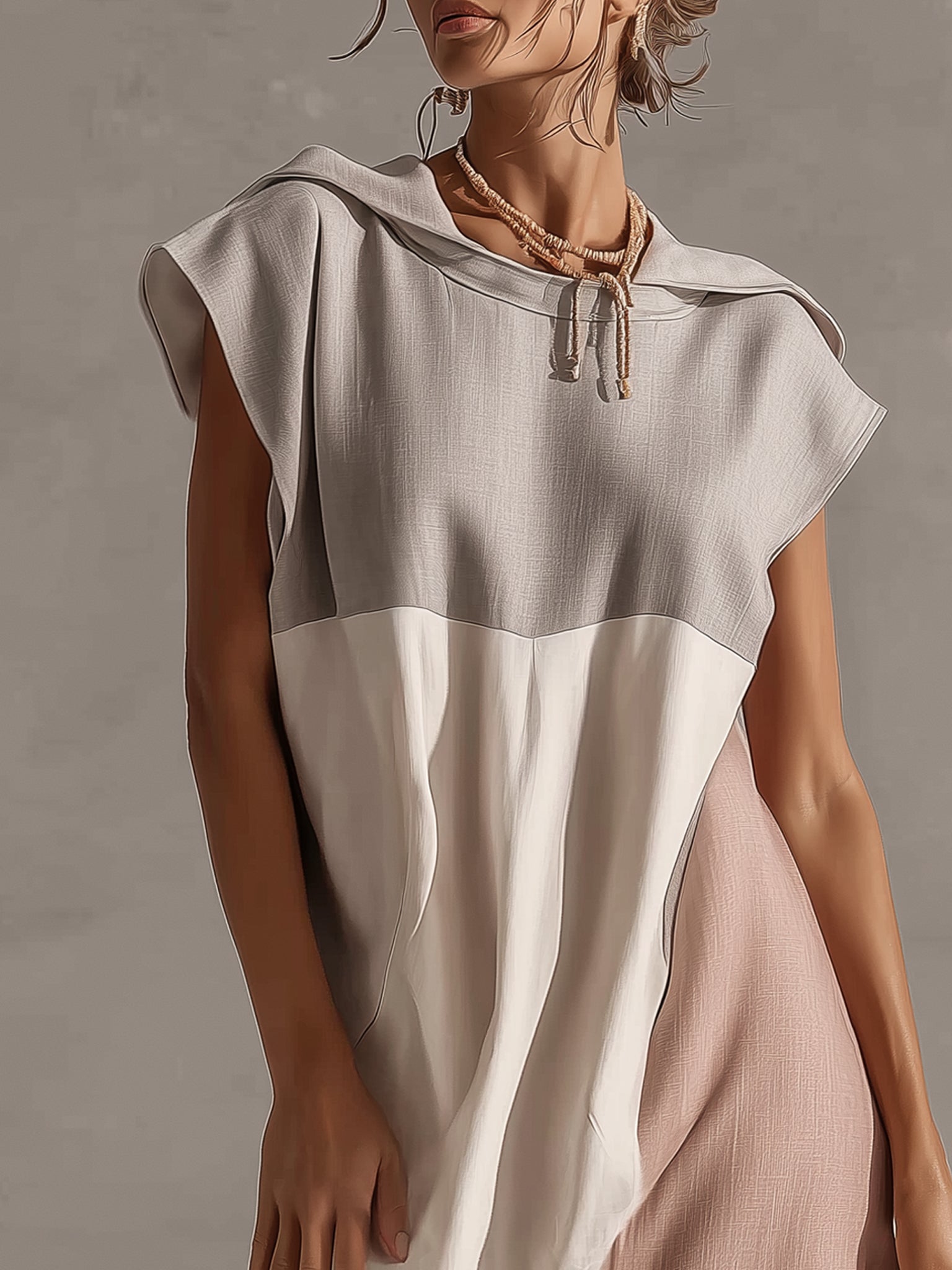 Light Gray Sleeveless Hooded Linen Mini Dress