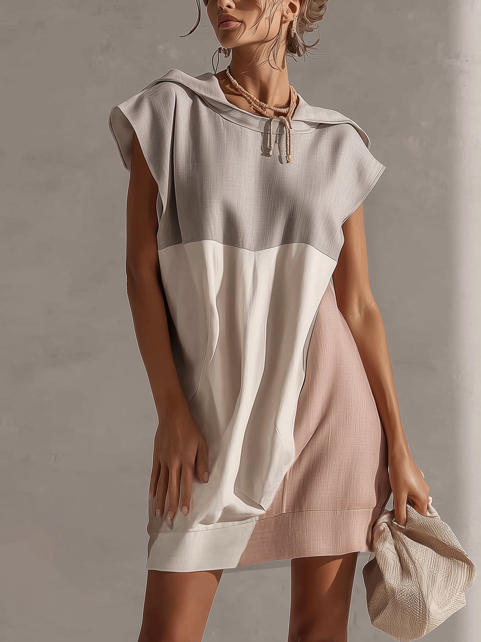 Light Gray Sleeveless Hooded Linen Mini Dress