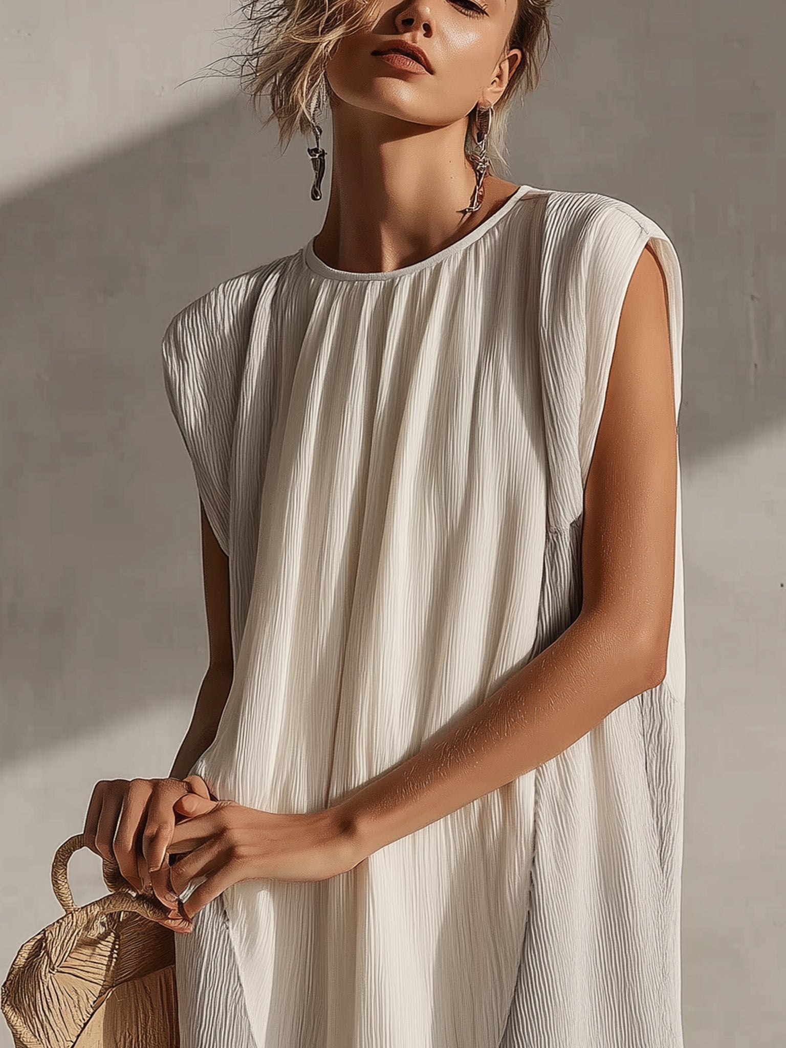 Gray And White Sleeveless Pleated Mini Dress