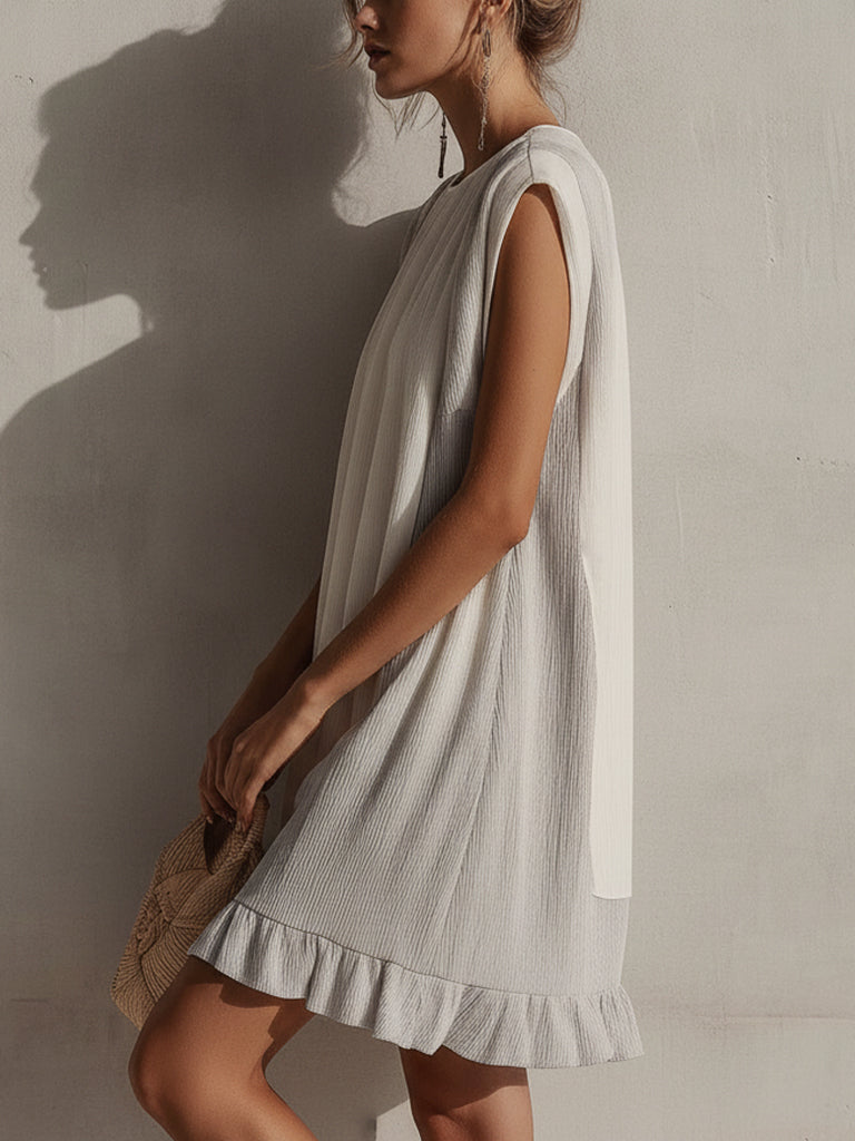 Gray And White Sleeveless Pleated Mini Dress