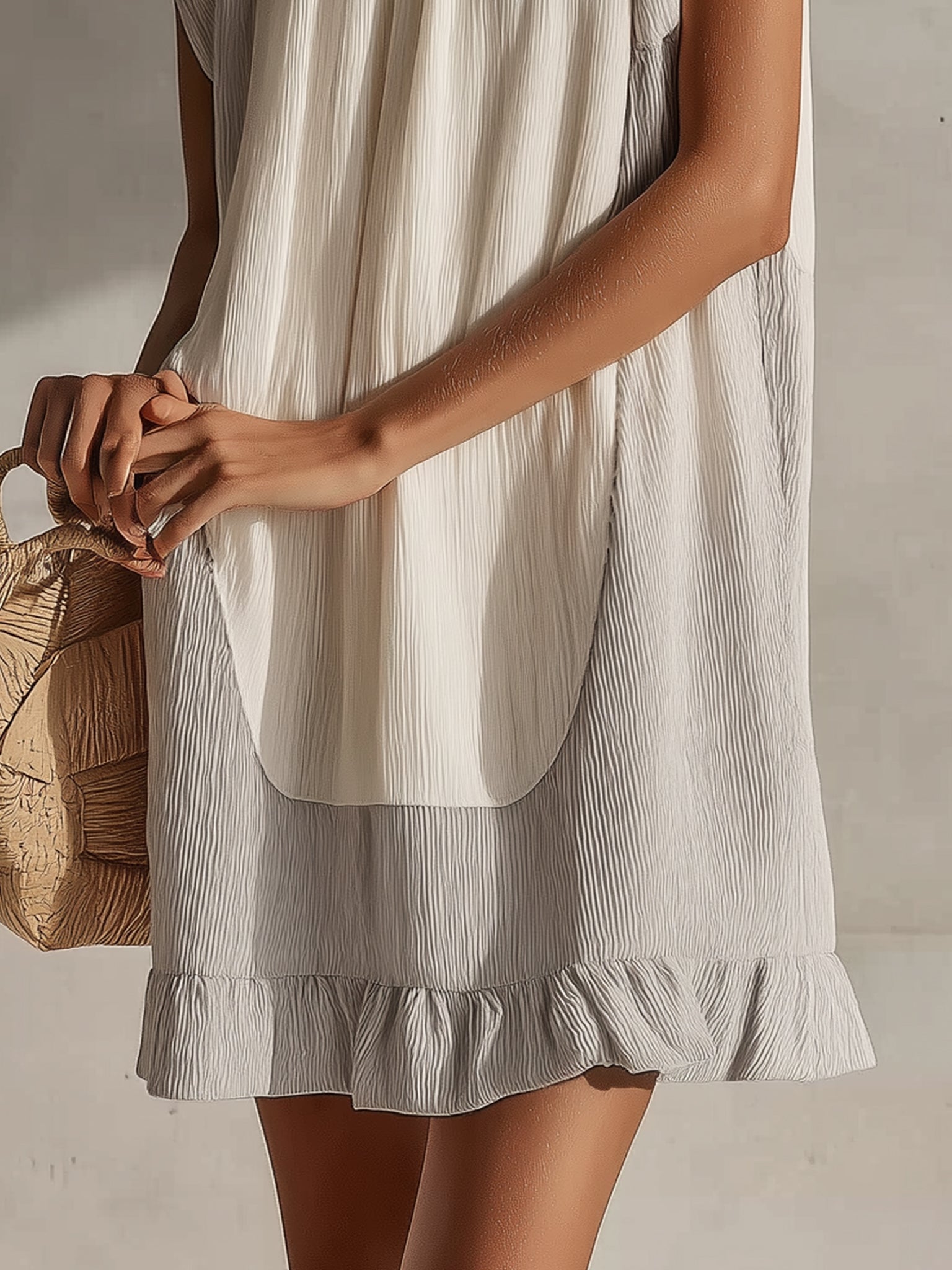 Gray And White Sleeveless Pleated Mini Dress