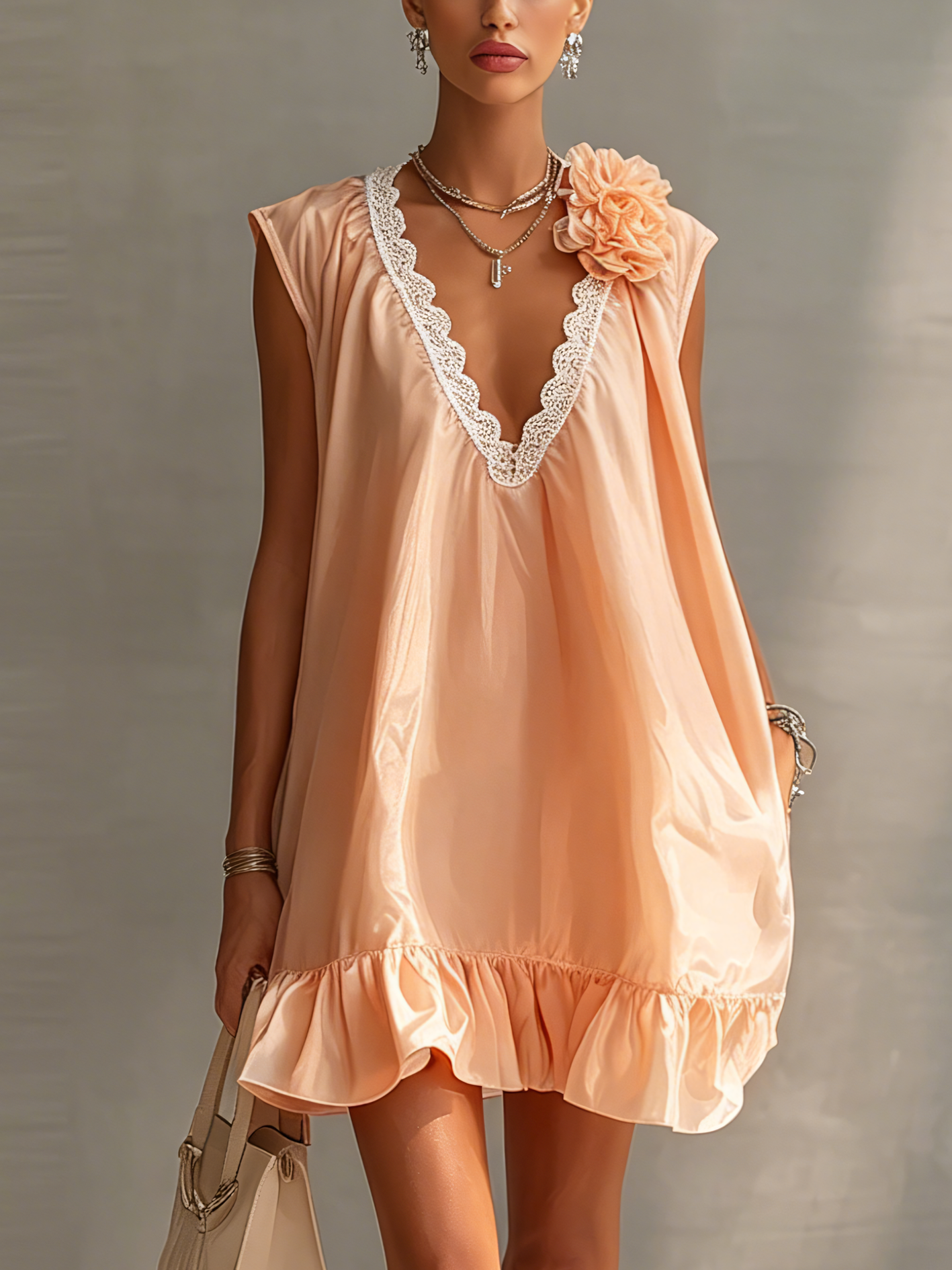 Apricot 3D Flower Lace Trim Ruffle Hem Mini Dress