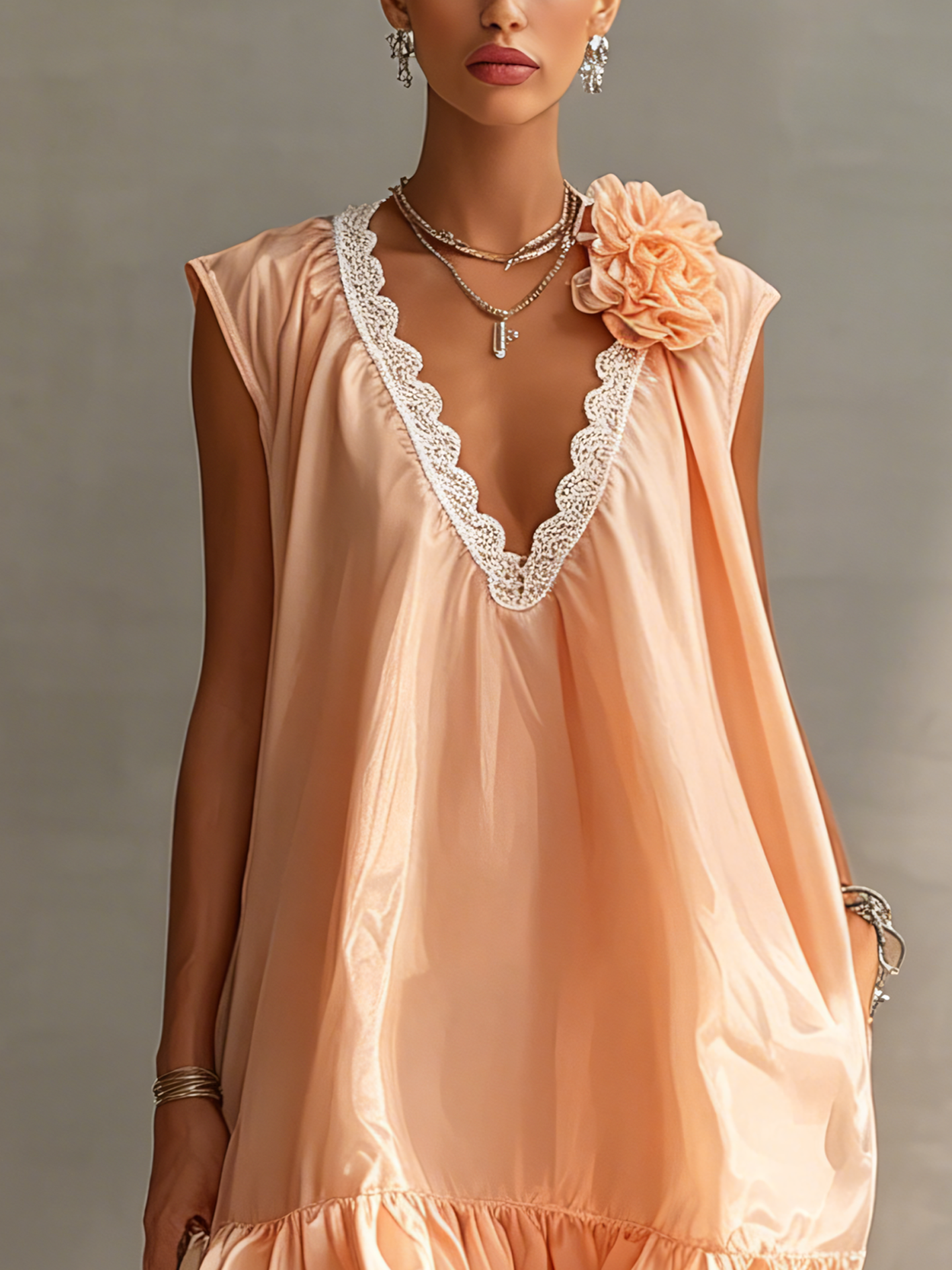 Apricot 3D Flower Lace Trim Ruffle Hem Mini Dress