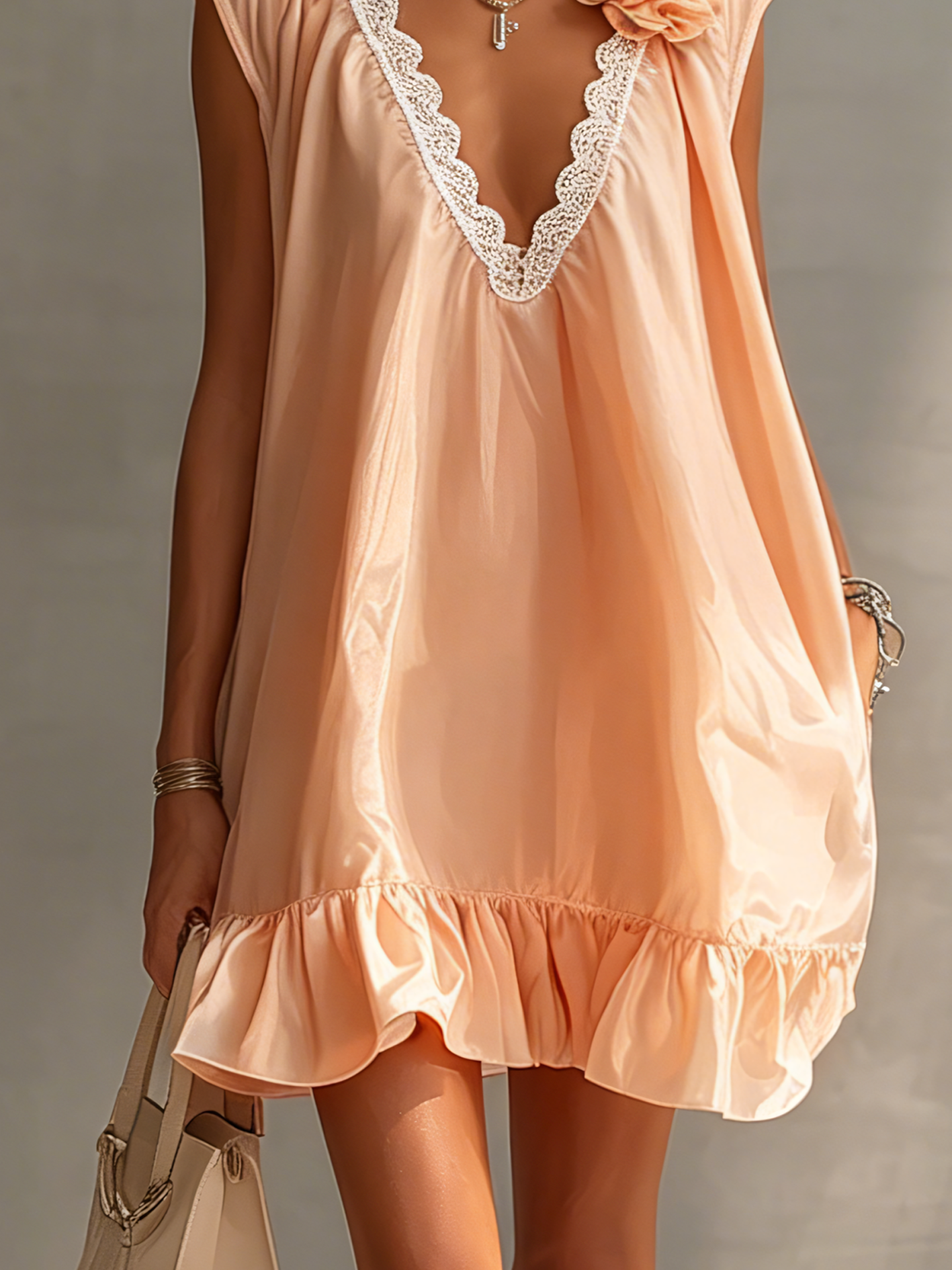 Apricot 3D Flower Lace Trim Ruffle Hem Mini Dress