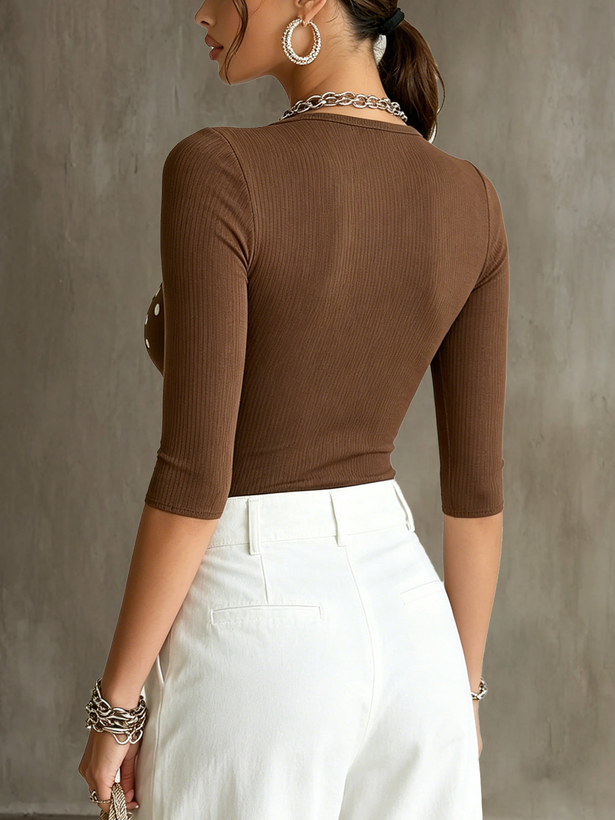 Brown Square-Neck Ribbed Top With Shell Button Accents