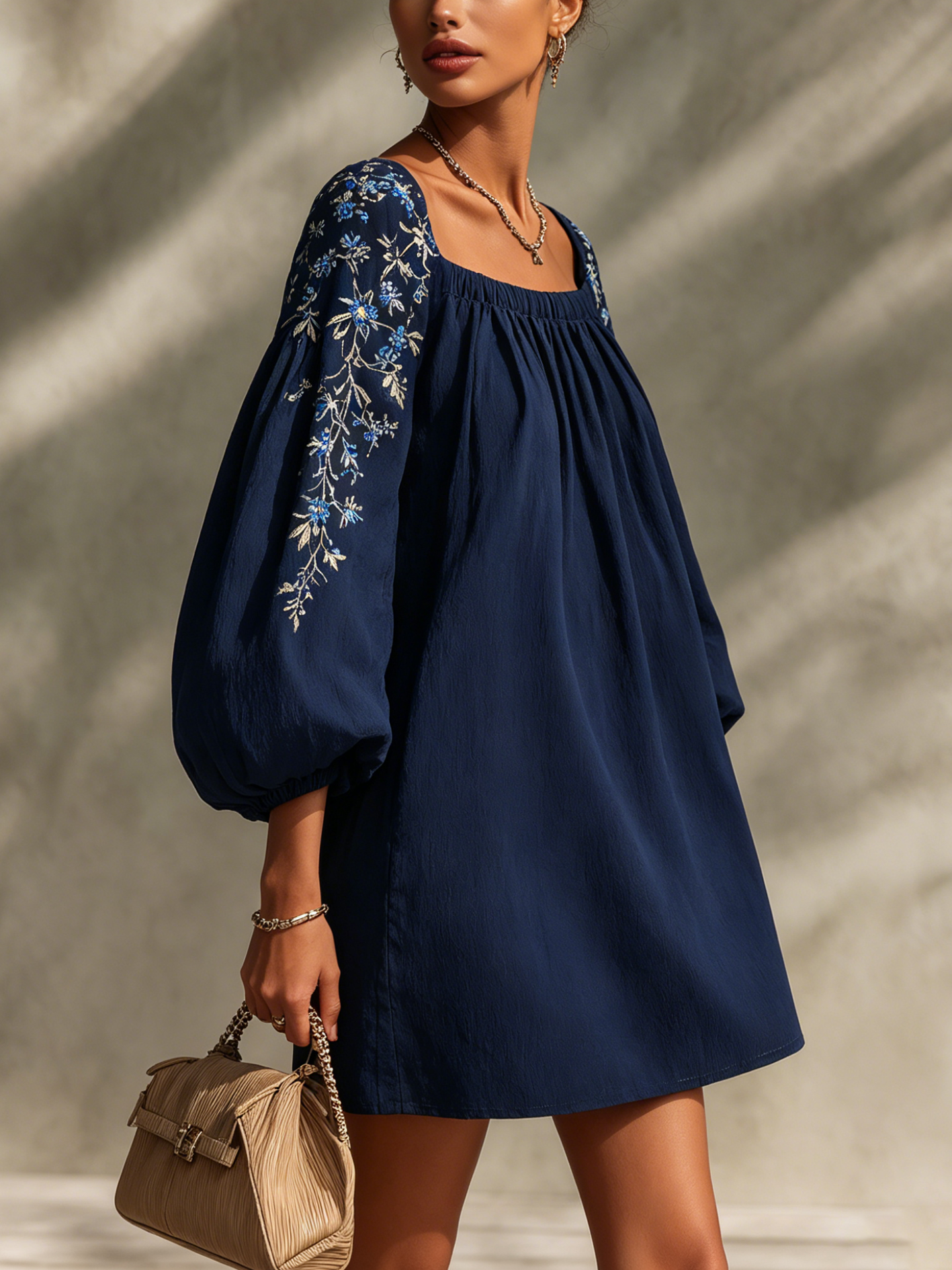 Navy Blue Vintage Embroidered Cotton Linen Mini Dress With Puff Sleeves