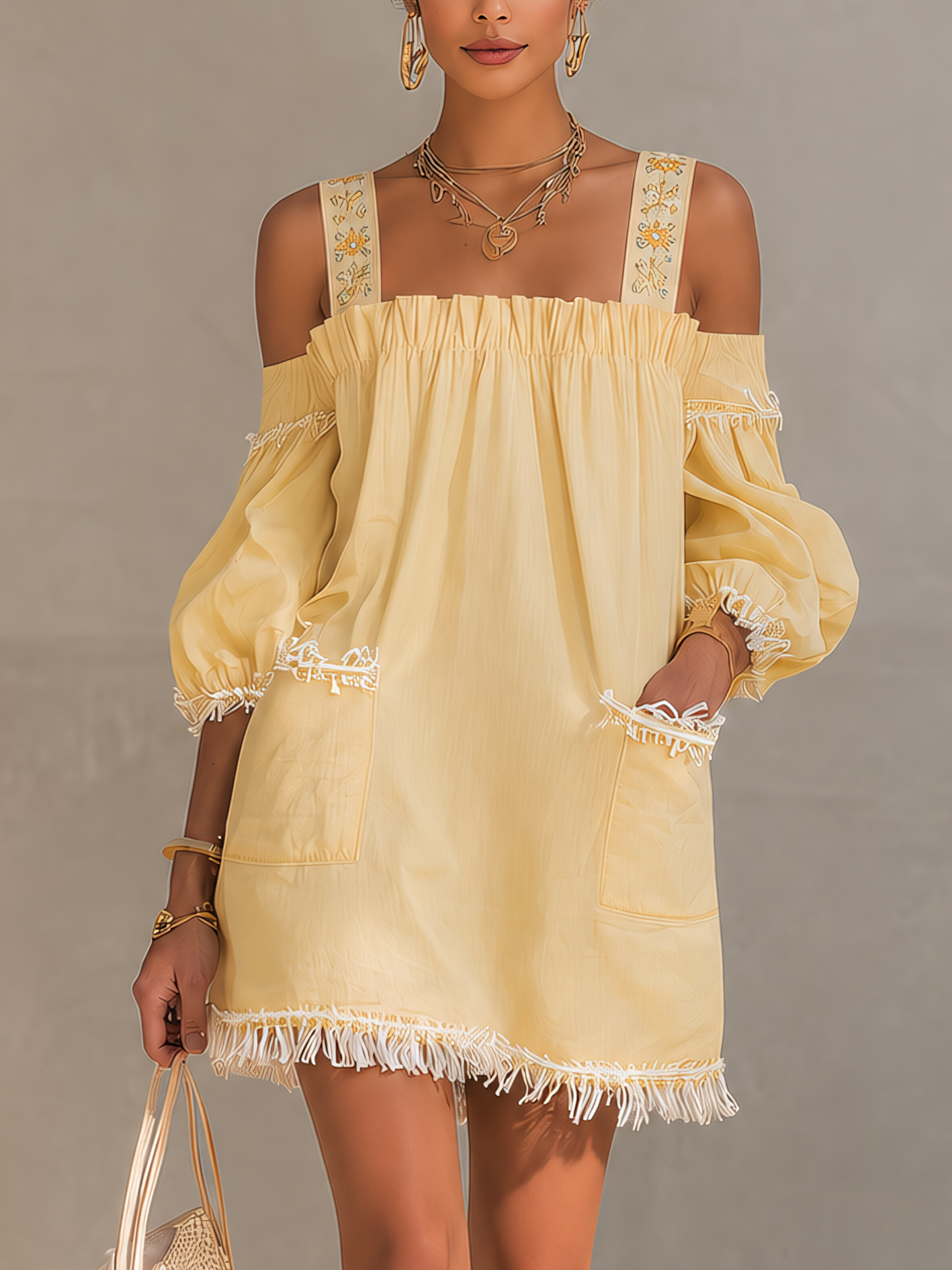Yellow Embroidered Strap Tassel Mini Dress