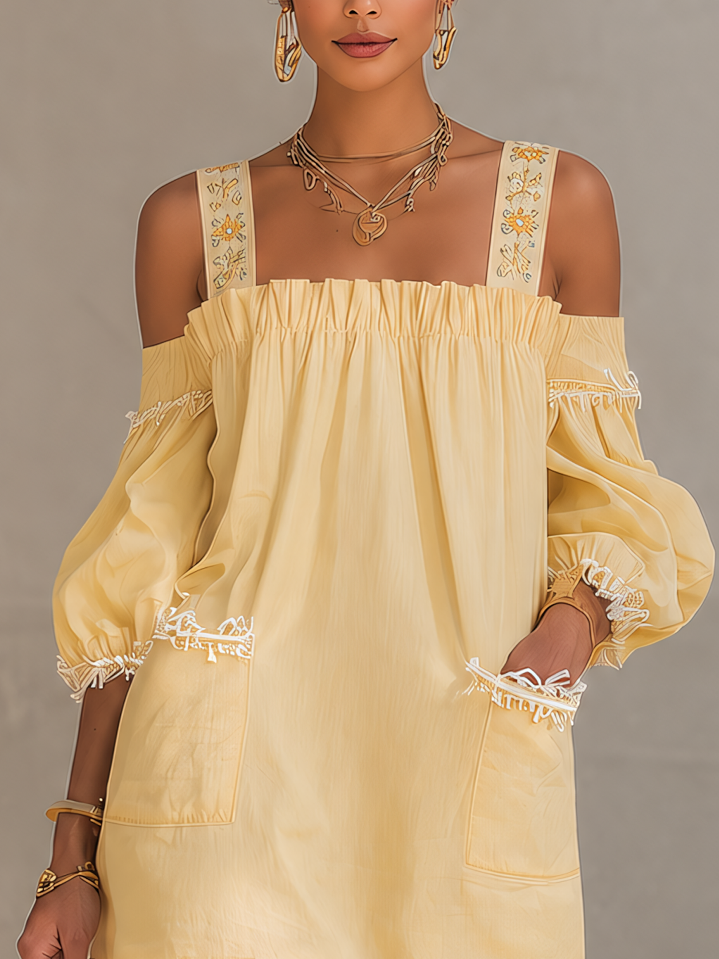 Yellow Embroidered Strap Tassel Mini Dress