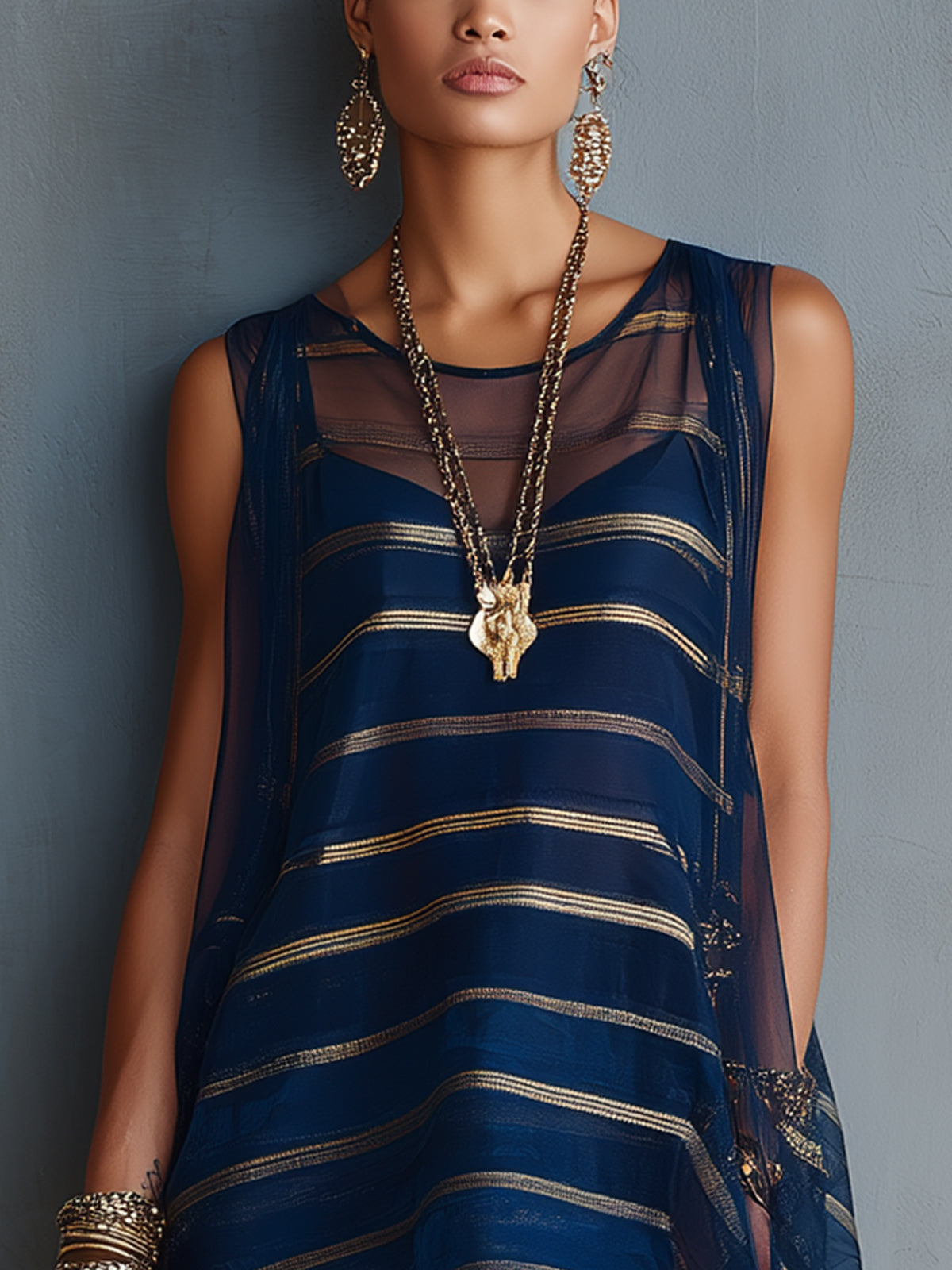 Navy Sheer Striped Overlay Dress With Metallic Accents