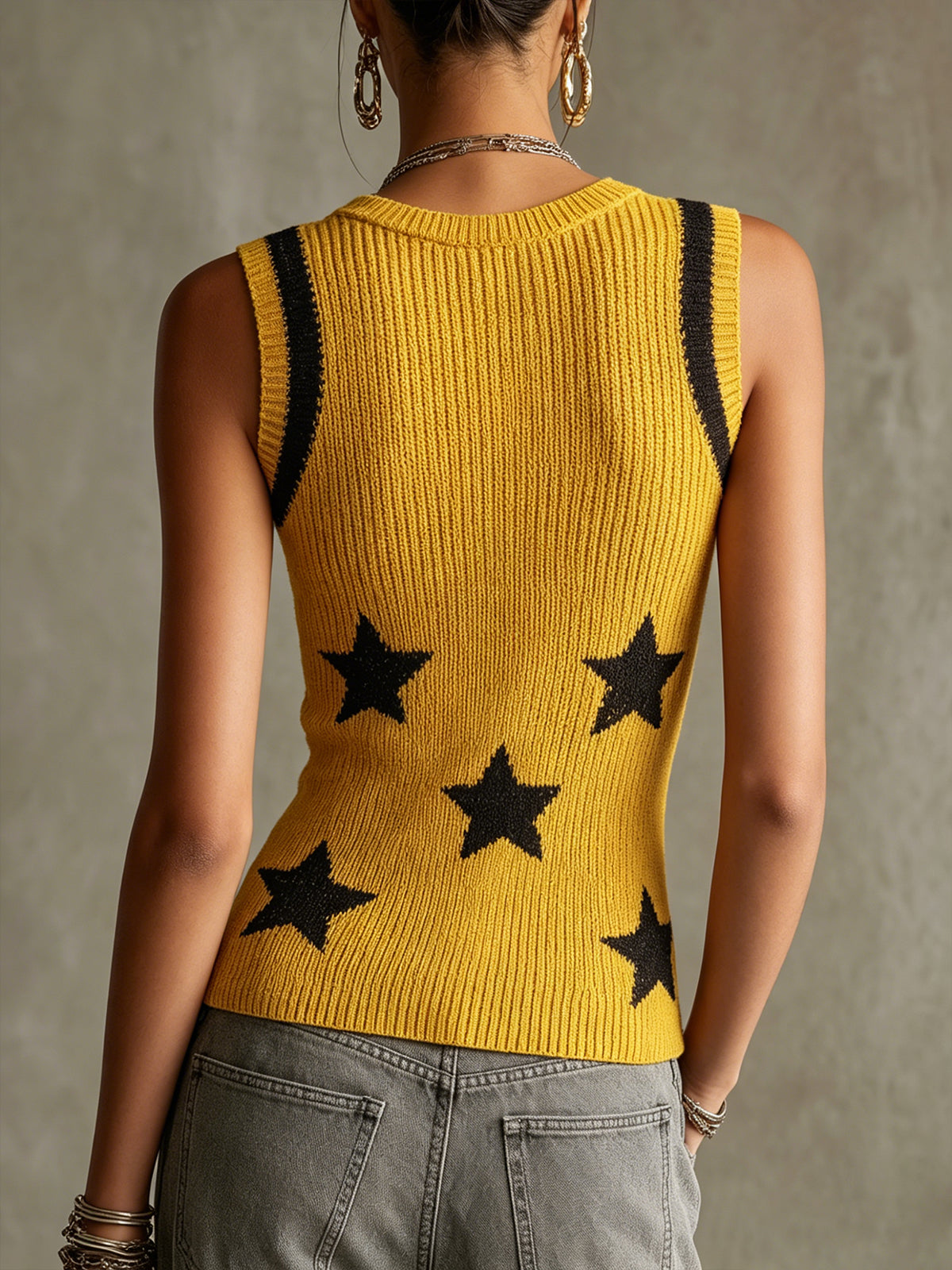 Yellow Ribbed Knit Tank Top With Black Star Pattern