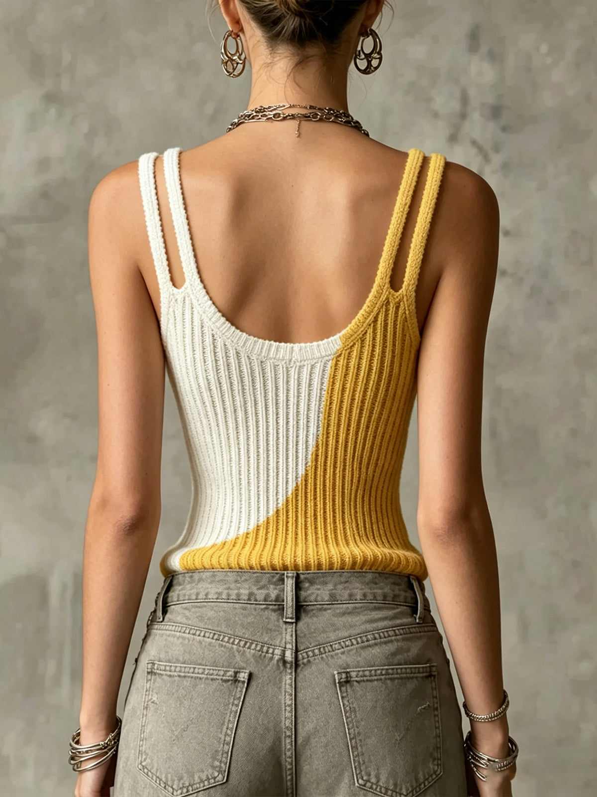Yellow And White Colorblock Ribbed Knit Tank Top