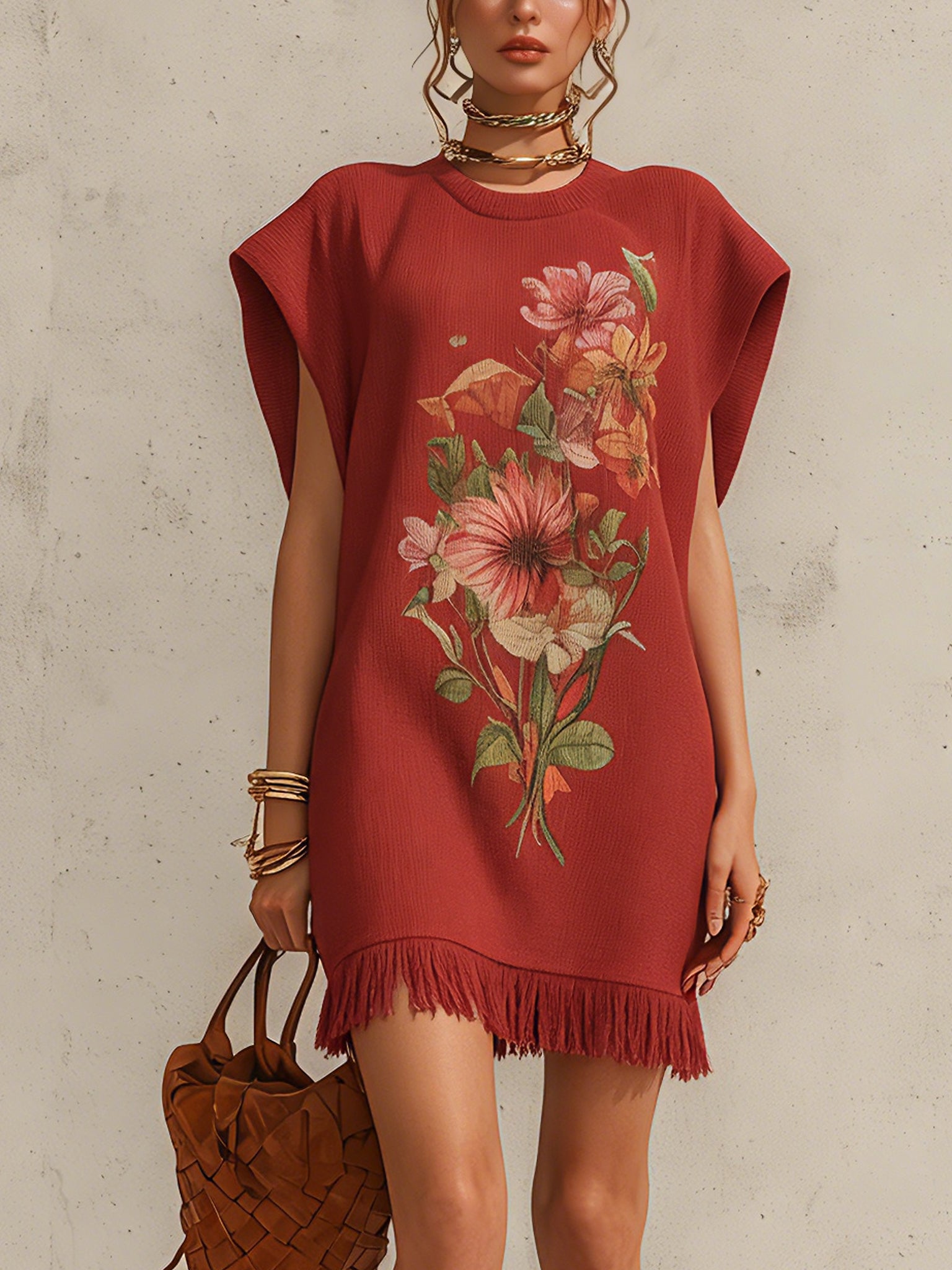 Red Knit Floral Fringe Mini Dress