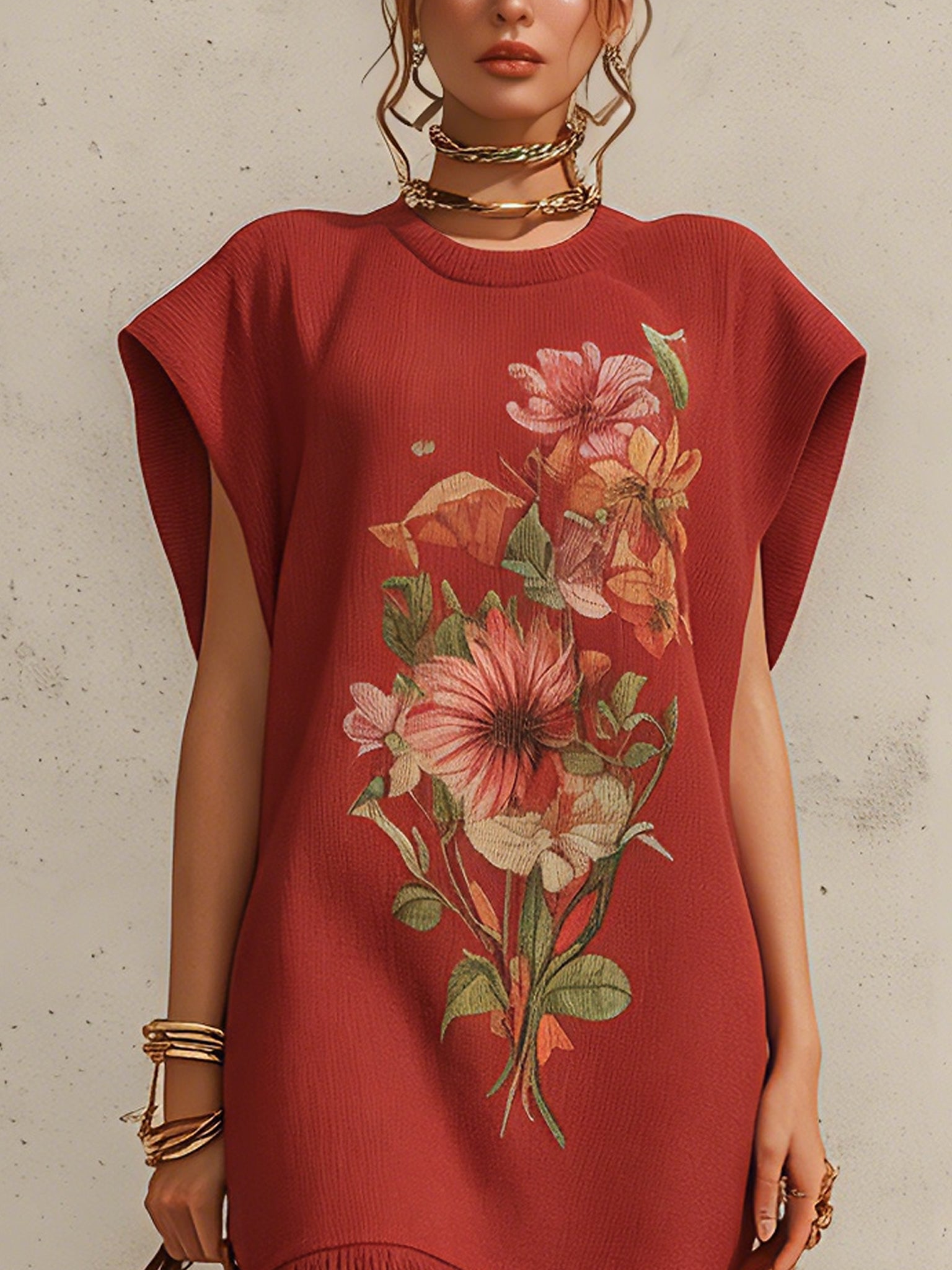 Red Knit Floral Fringe Mini Dress