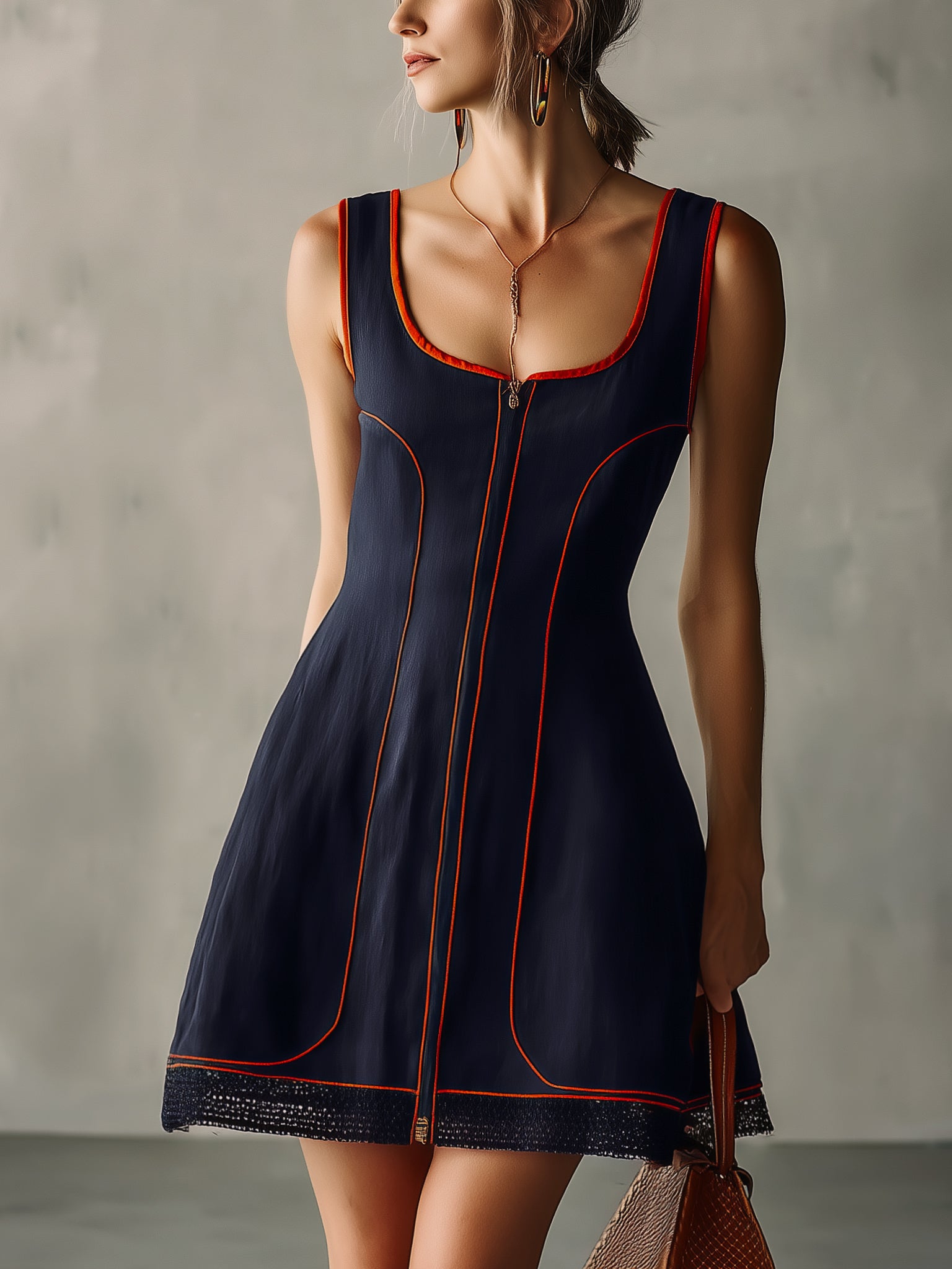 Navy Color Block Zip Front Mini Dress