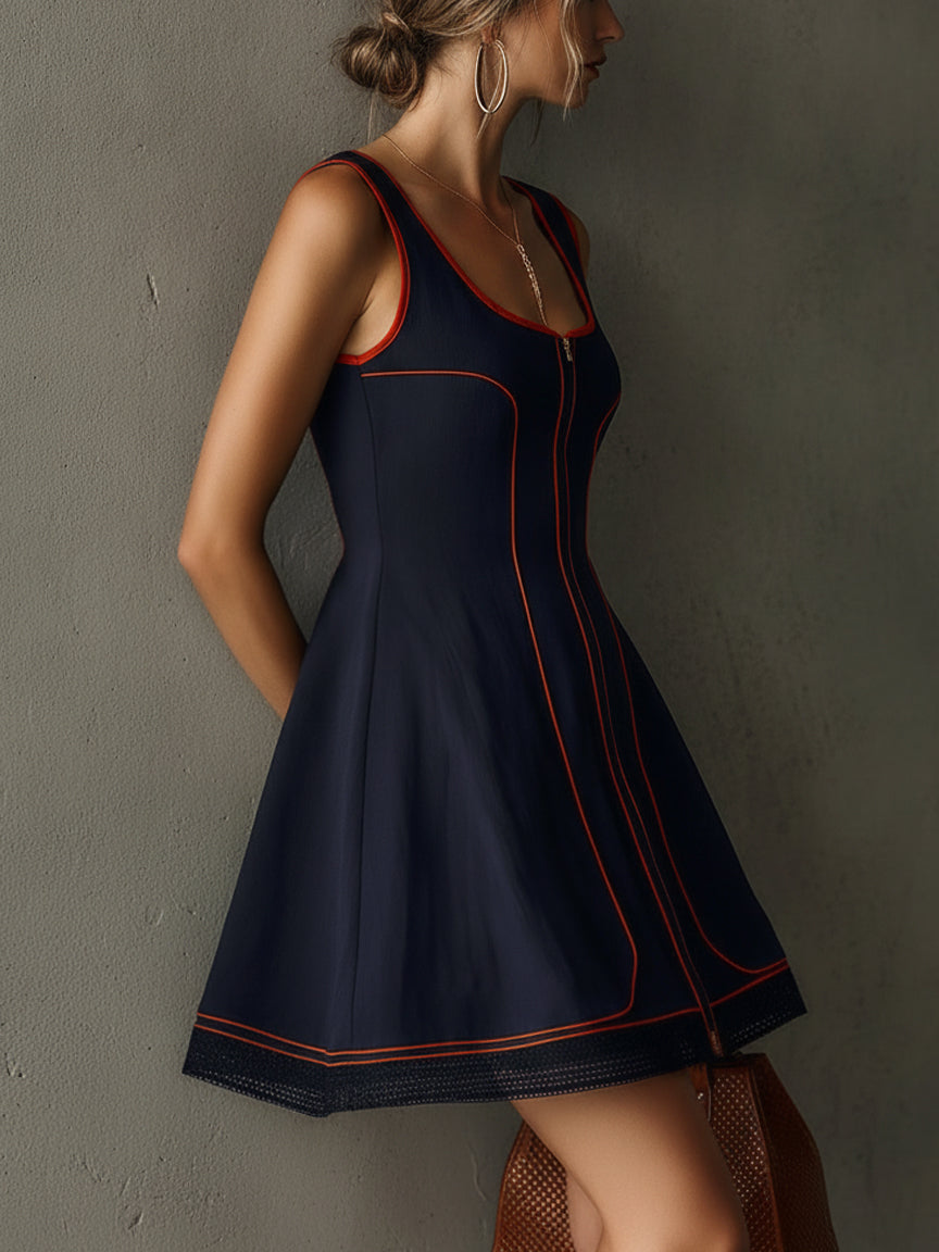 Navy Color Block Zip Front Mini Dress