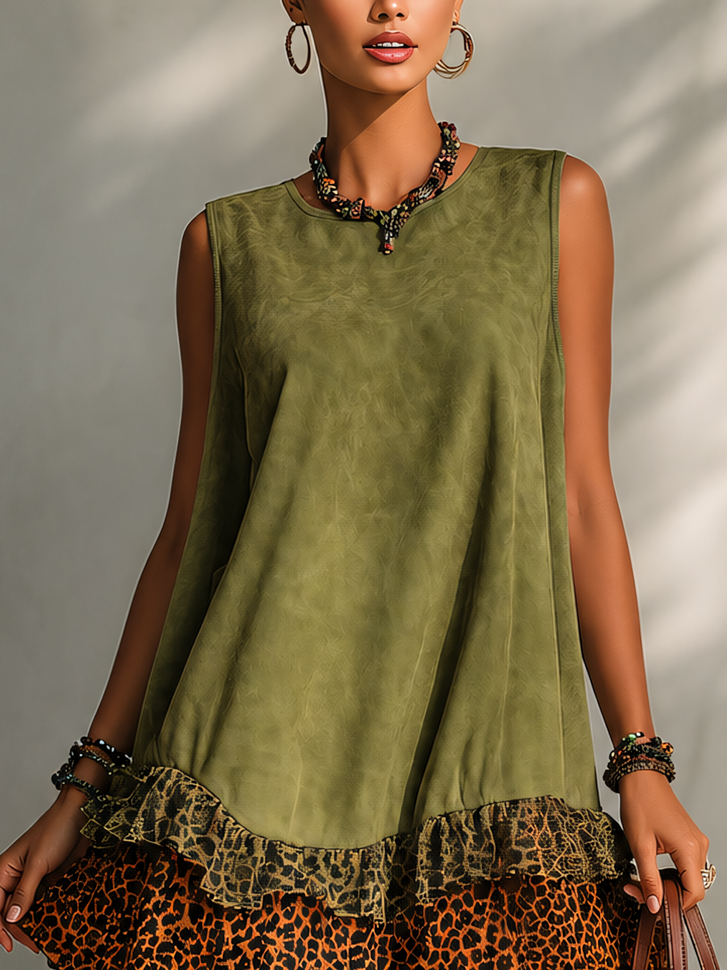 Olive Green Faux Suede Mini Dress With Leopard Ruffle Hem
