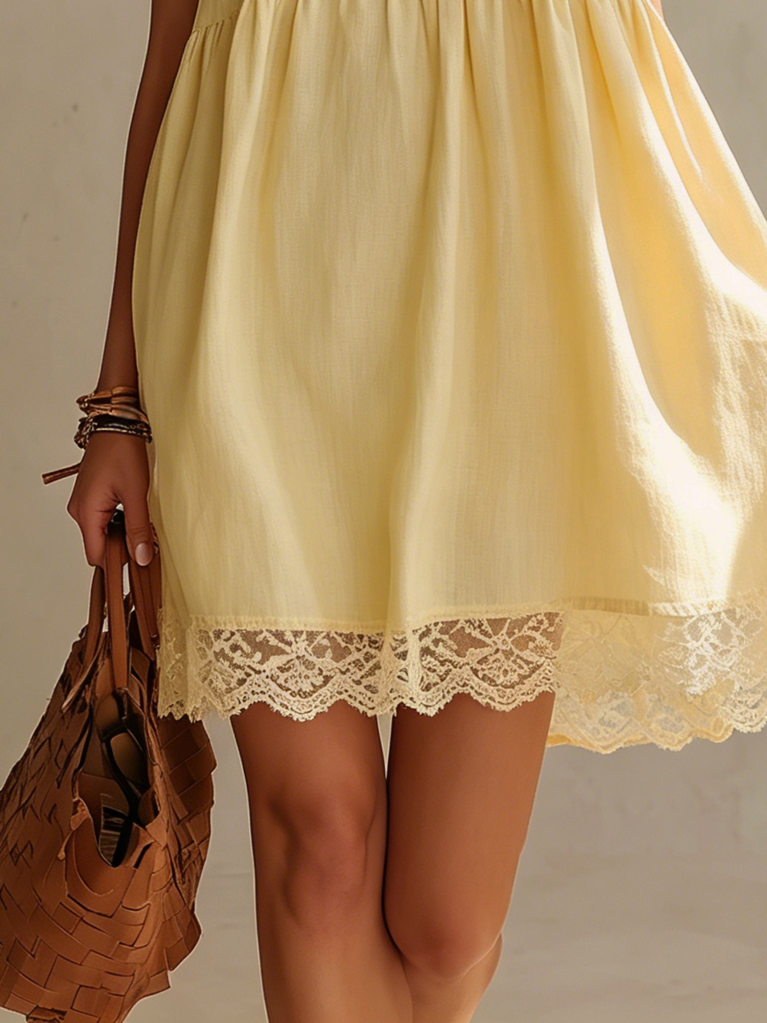 Yellow Embroidered Butterfly Linen Mini Dress