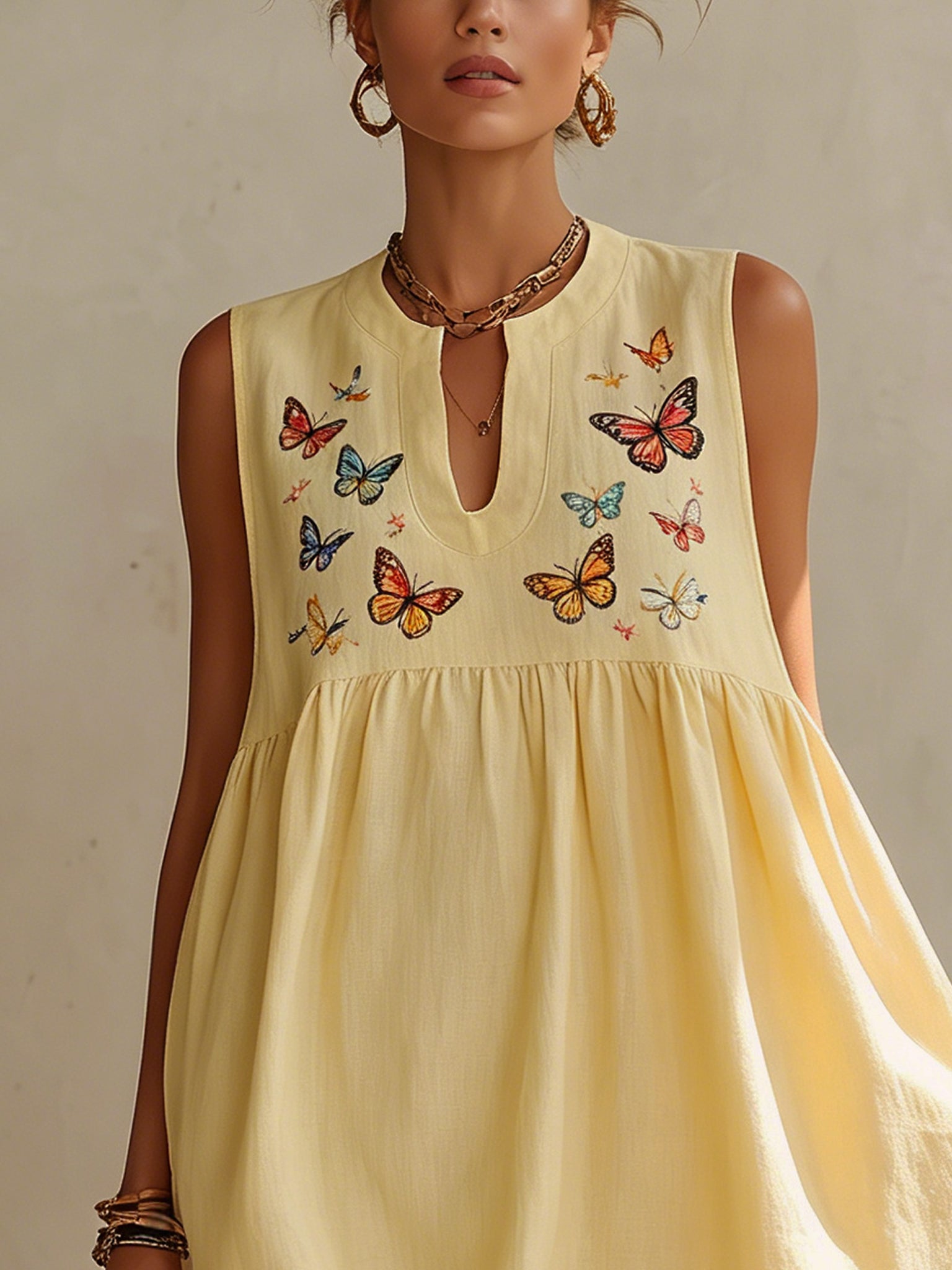 Yellow Embroidered Butterfly Linen Mini Dress