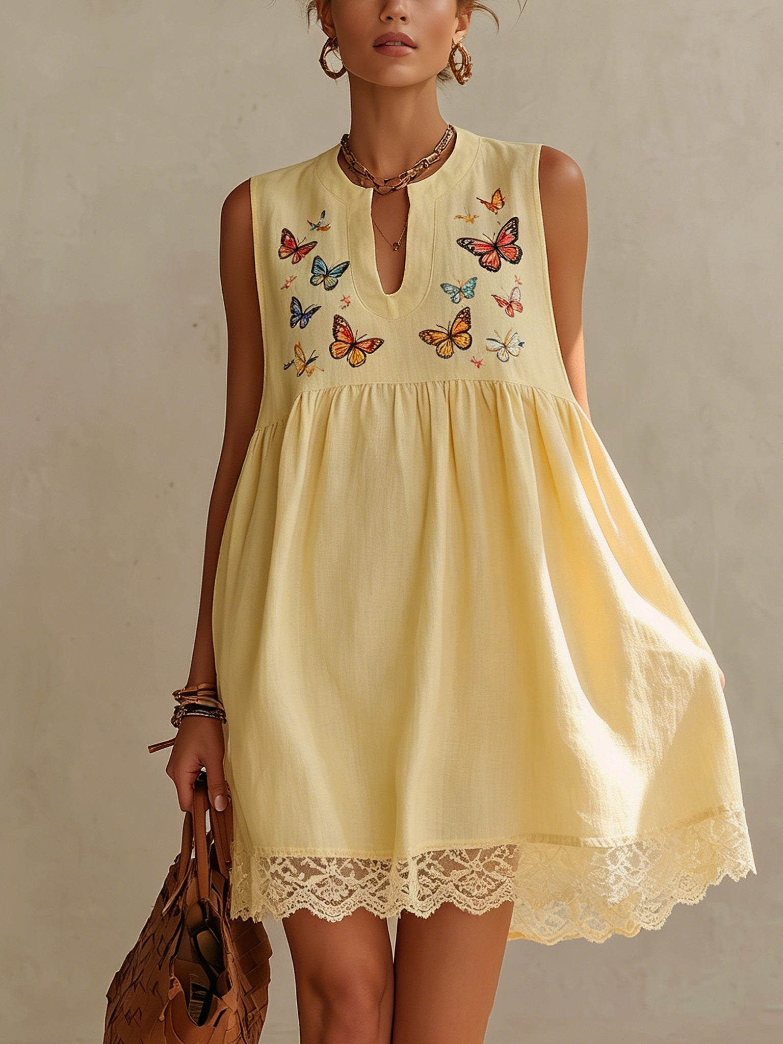 Yellow Embroidered Butterfly Linen Mini Dress