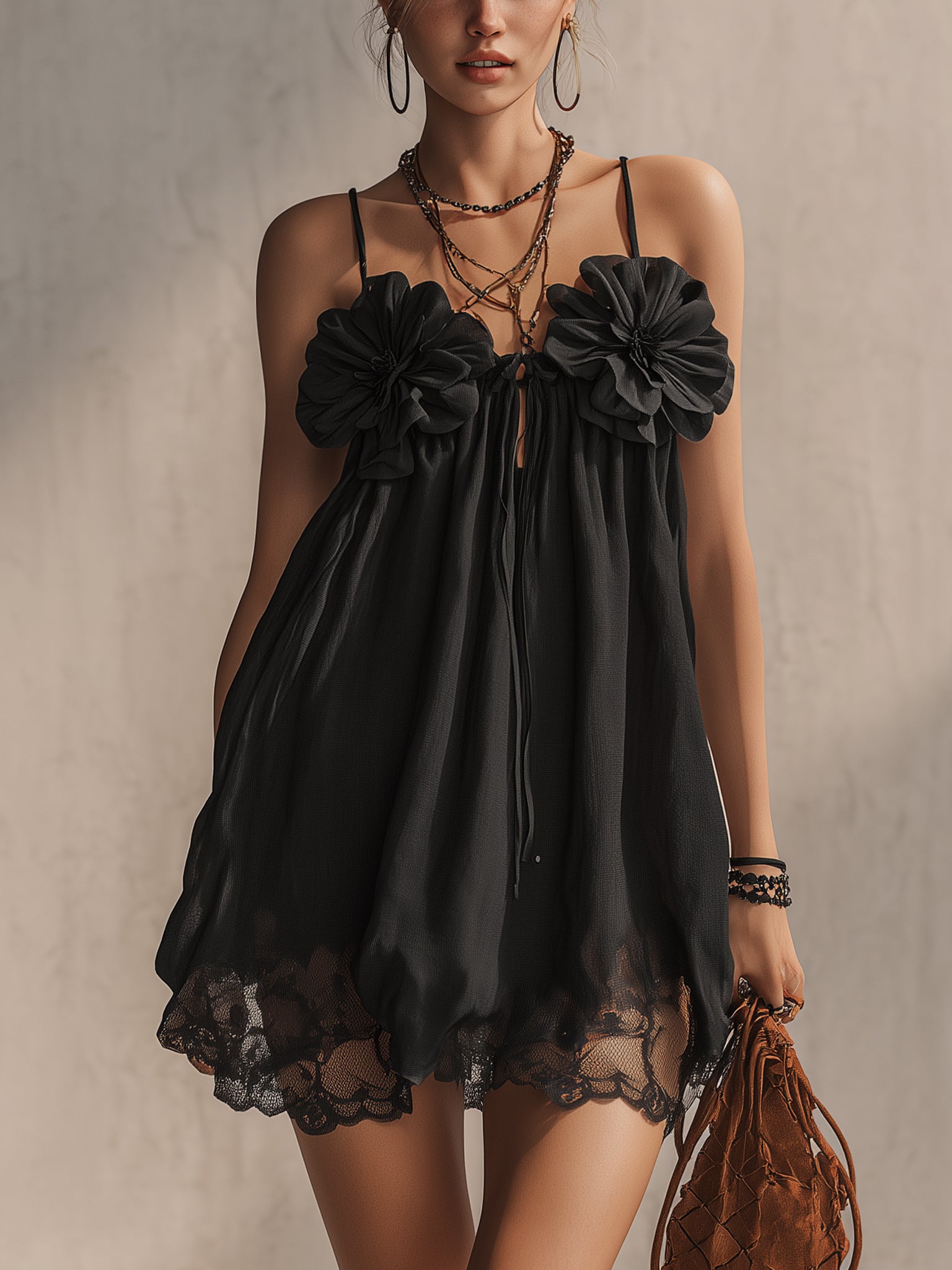 Black Linen 3D Floral  Mini Dress