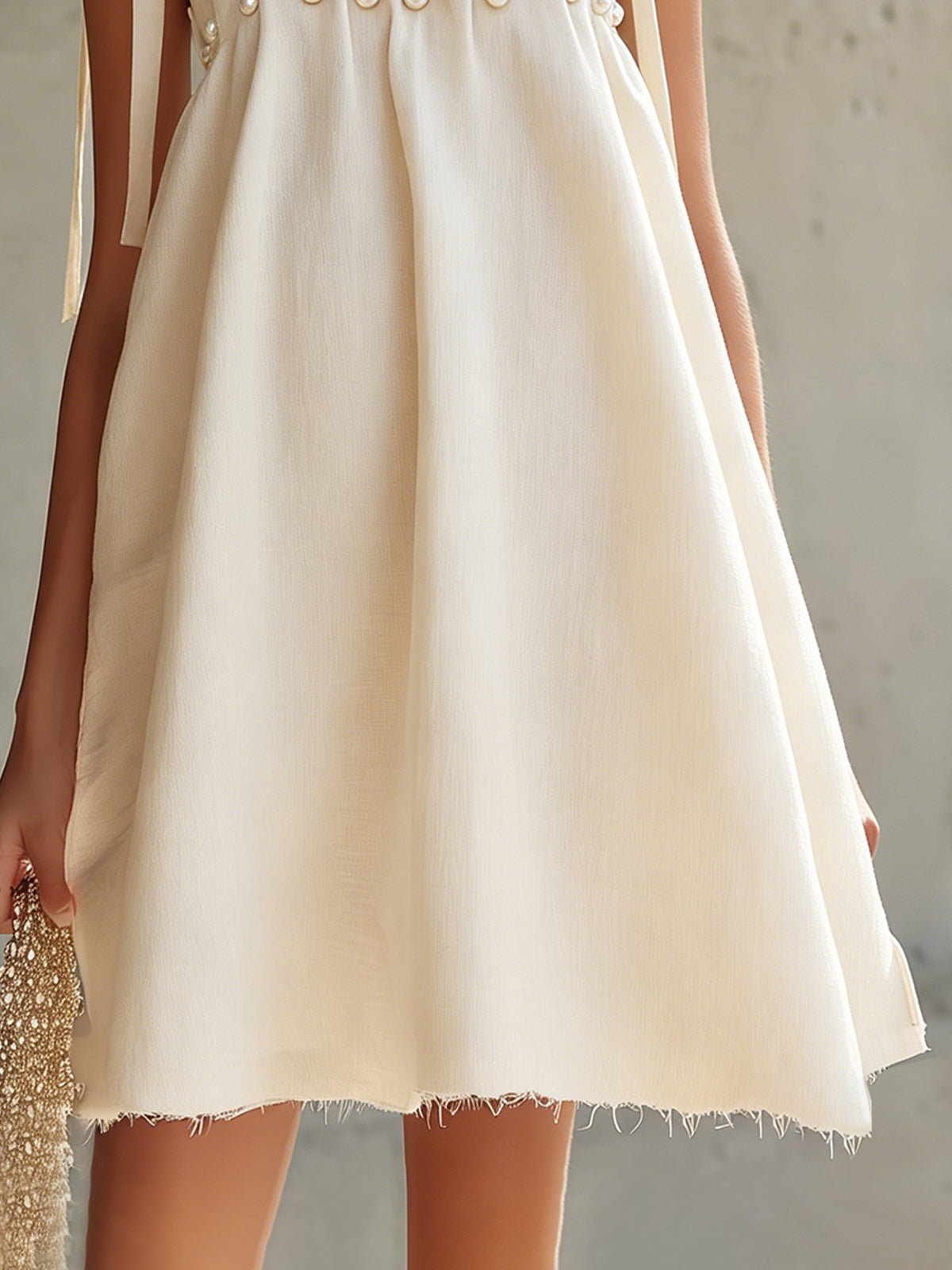 Cream A-Line Mini Dress With Pearl Embellishments And Tie Straps