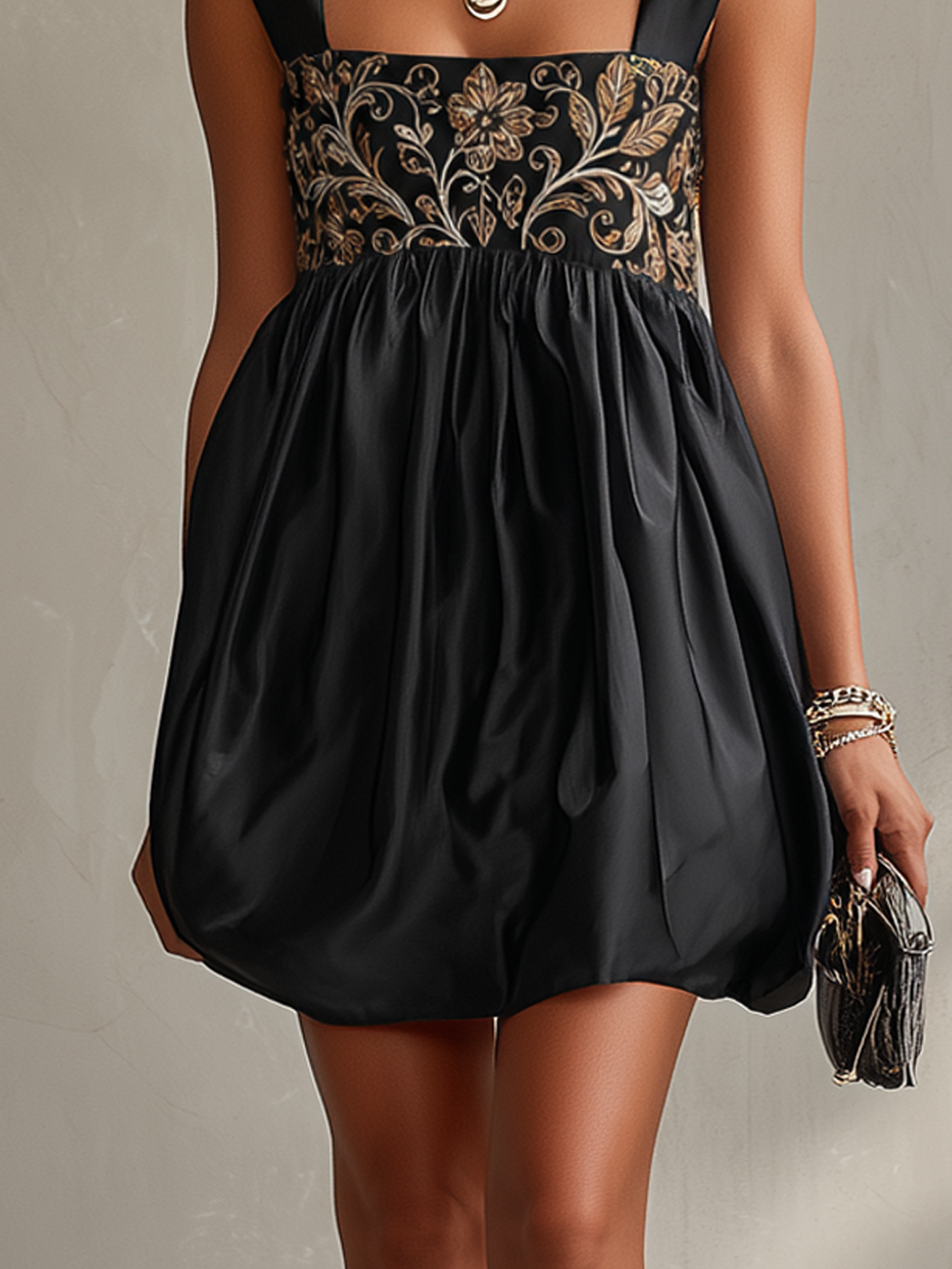 Vintage Floral Embroidered Black Bubble Mini Dress