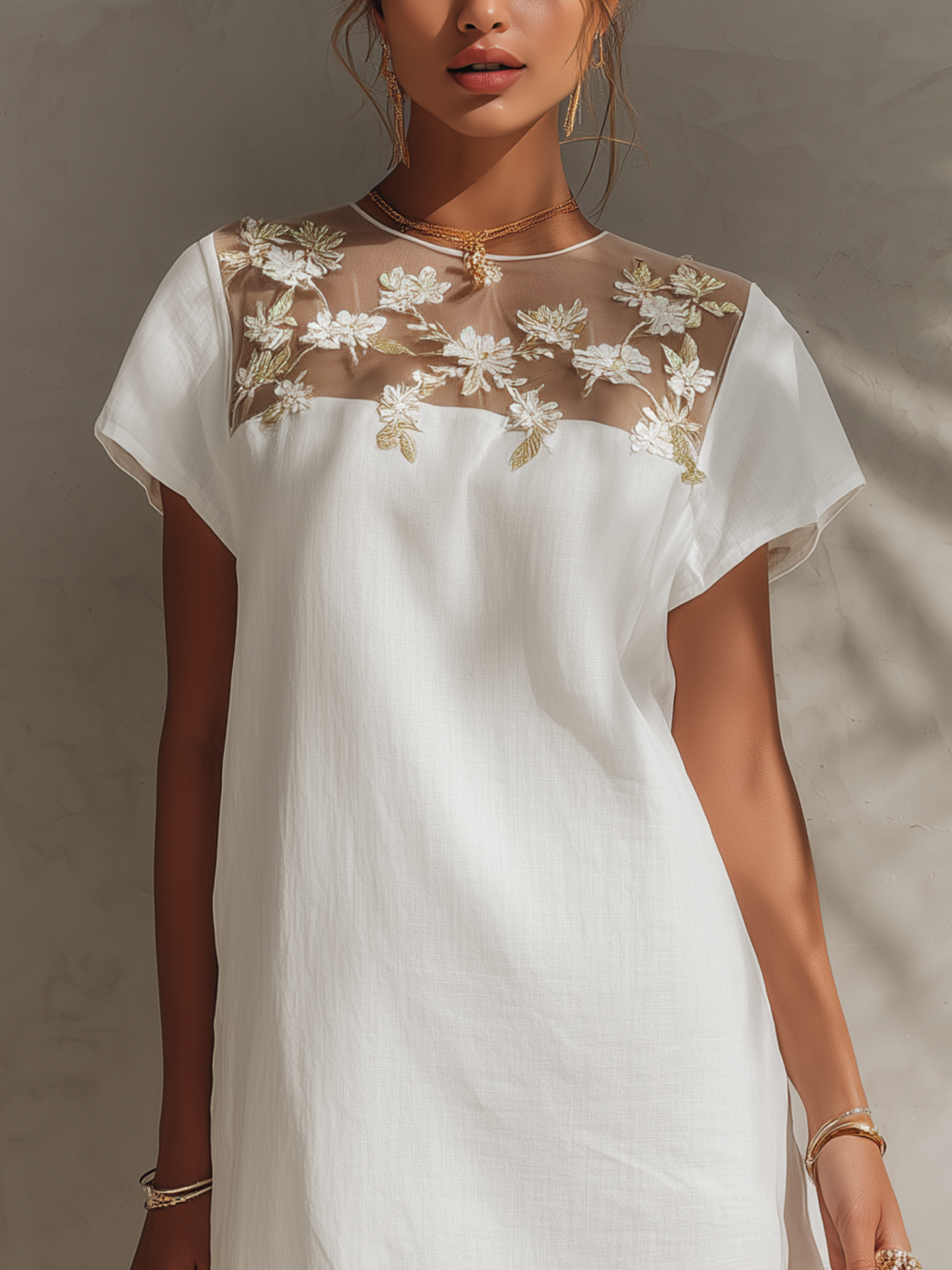 White Embroidered Mesh Panel Cotton Linen Mini Dress