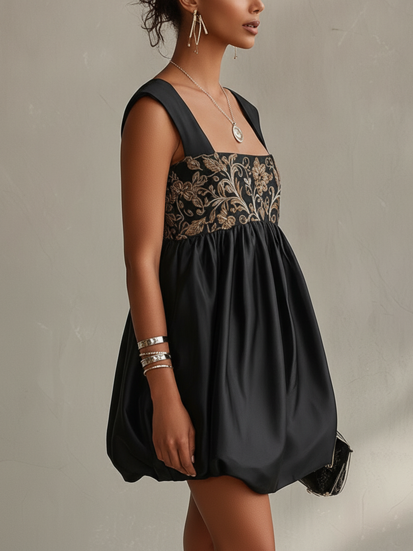 Vintage Floral Embroidered Black Bubble Mini Dress
