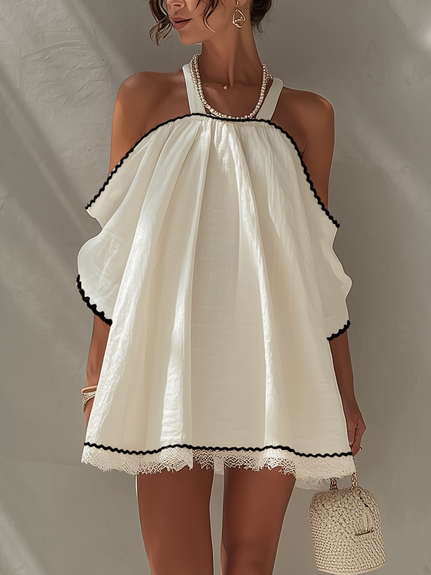 White Cotton Linen Cold Shoulder Mini Dress With Contrast Trim