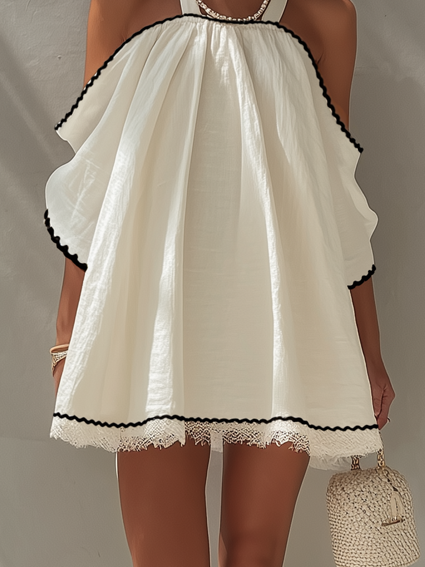 White Cotton Linen Cold Shoulder Mini Dress With Contrast Trim