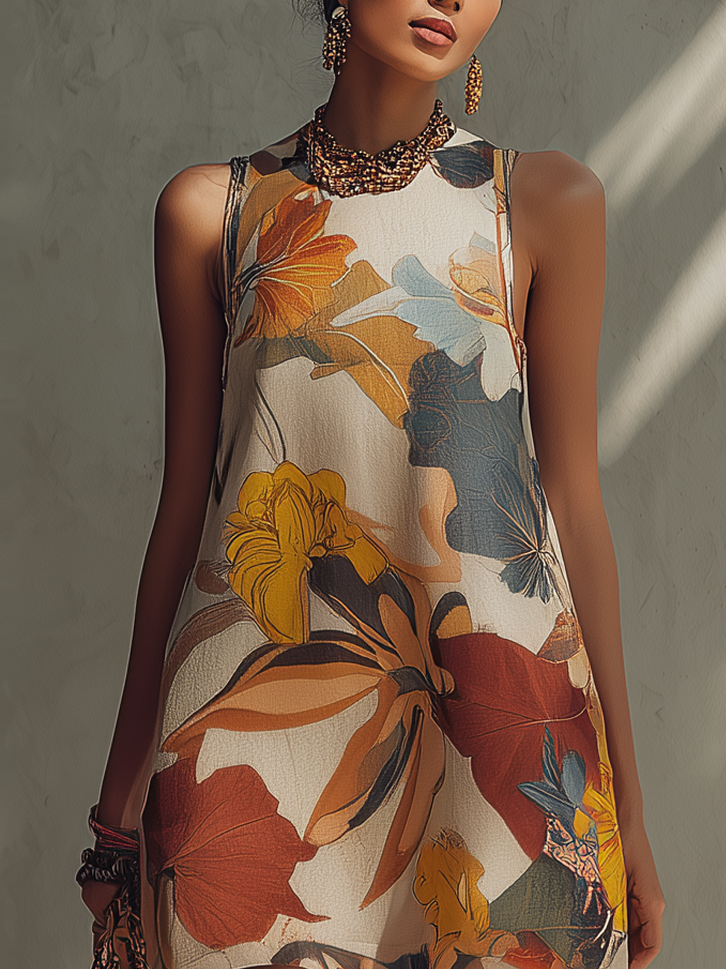 Vintage Floral Print Beige Linen Cotton Mini Dress