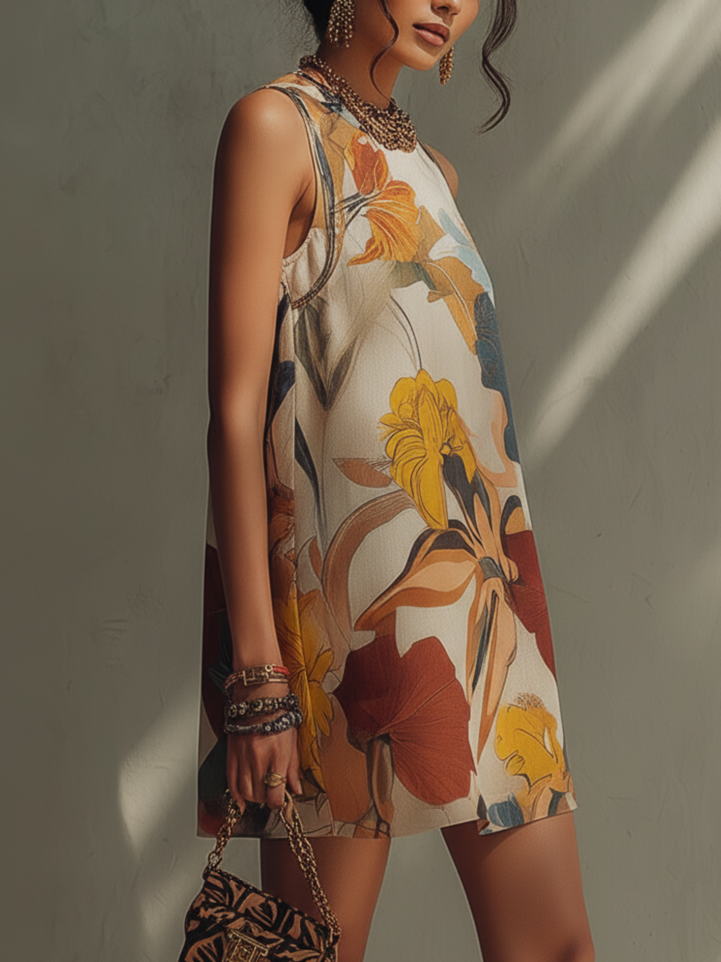 Vintage Floral Print Beige Linen Cotton Mini Dress