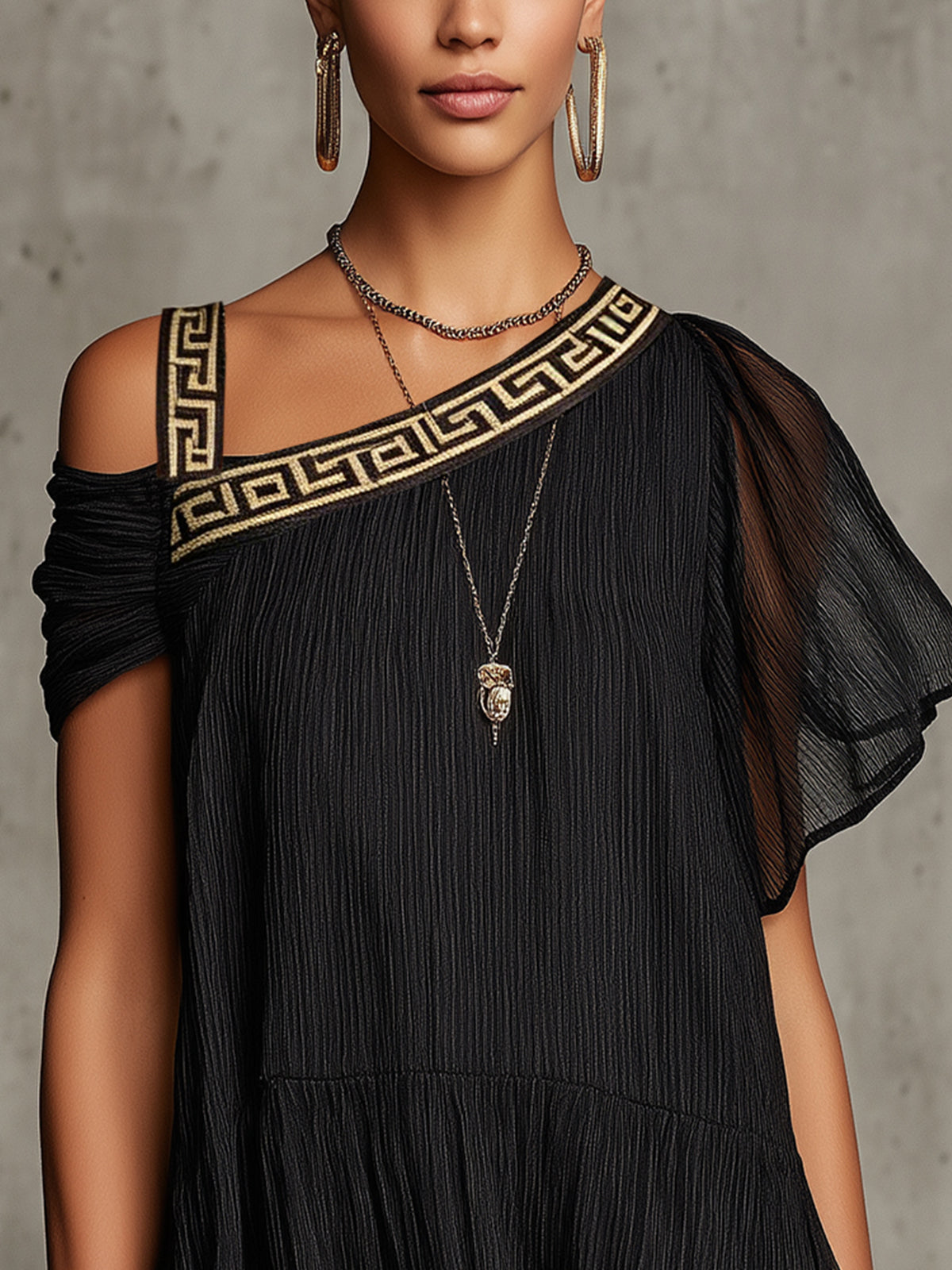 Black One-Shoulder Mini Dress With Greek Key Trim