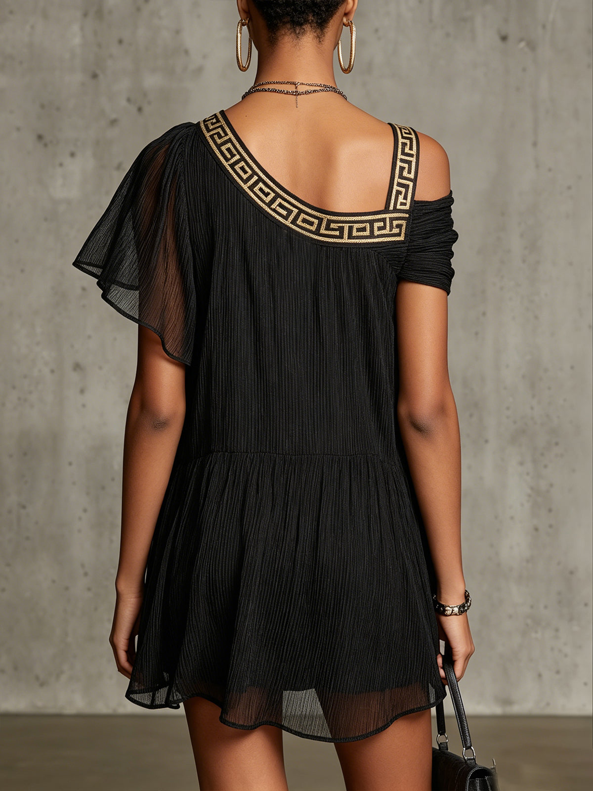 Black One-Shoulder Mini Dress With Greek Key Trim