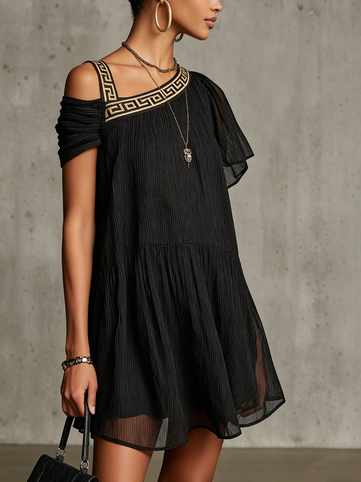 Black One-Shoulder Mini Dress With Greek Key Trim