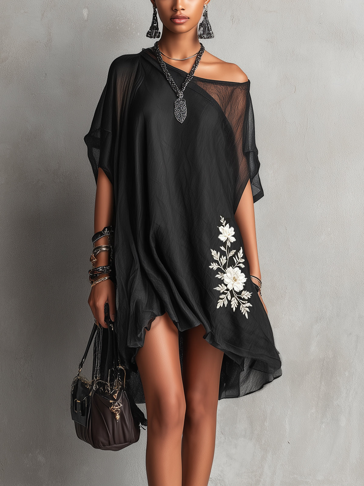 Black Asymmetric Sheer Midi Dress With Floral Embroidery