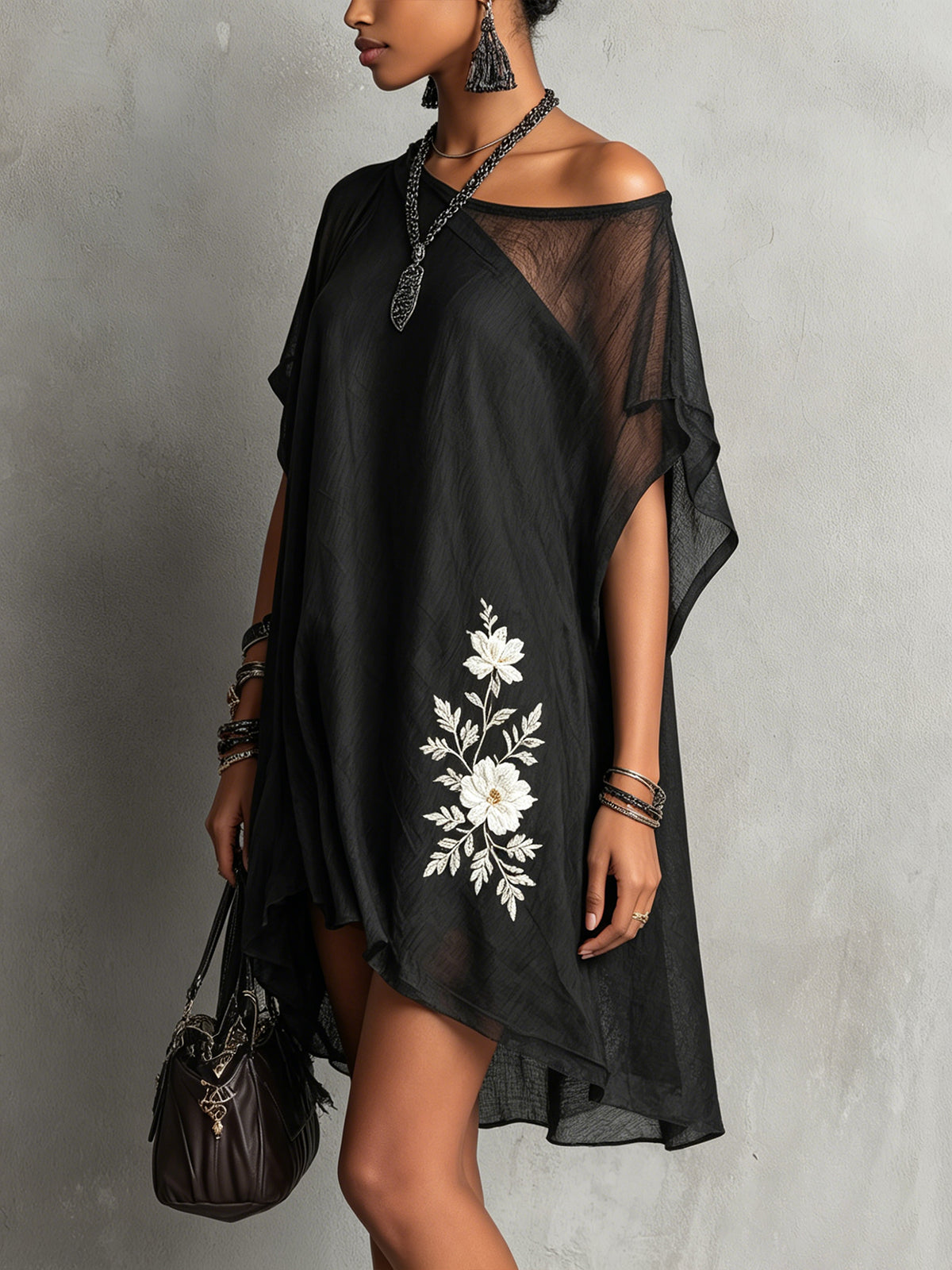 Black Asymmetric Sheer Midi Dress With Floral Embroidery