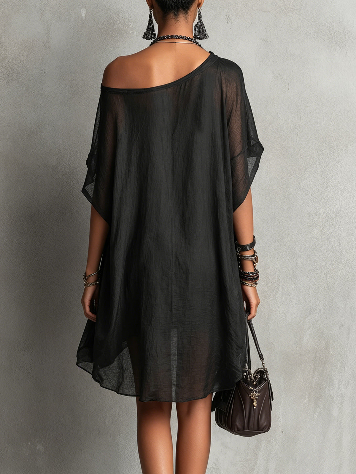 Black Asymmetric Sheer Midi Dress With Floral Embroidery