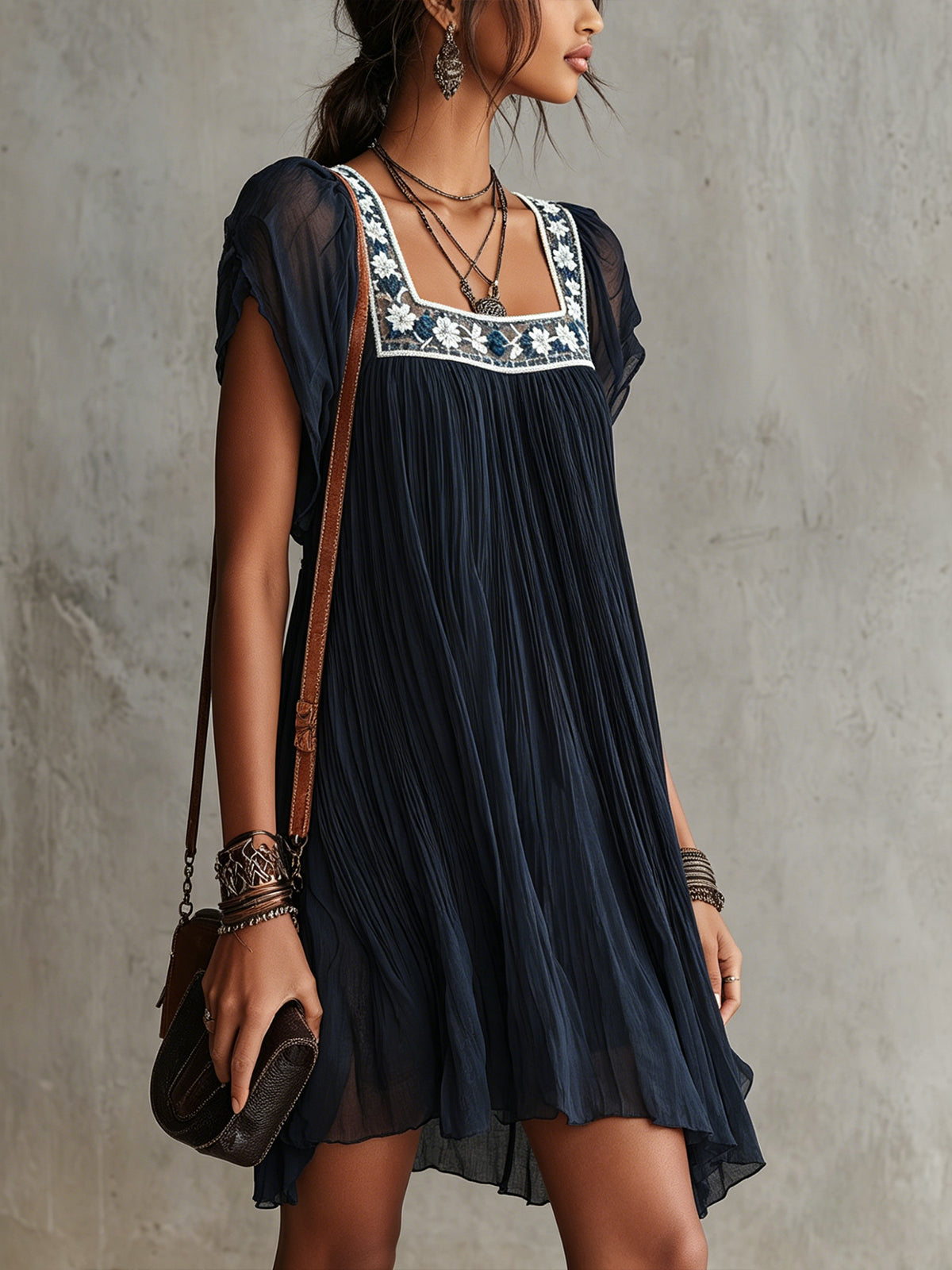 Navy Pleated Mini Dress With Embroidered Square Neckline