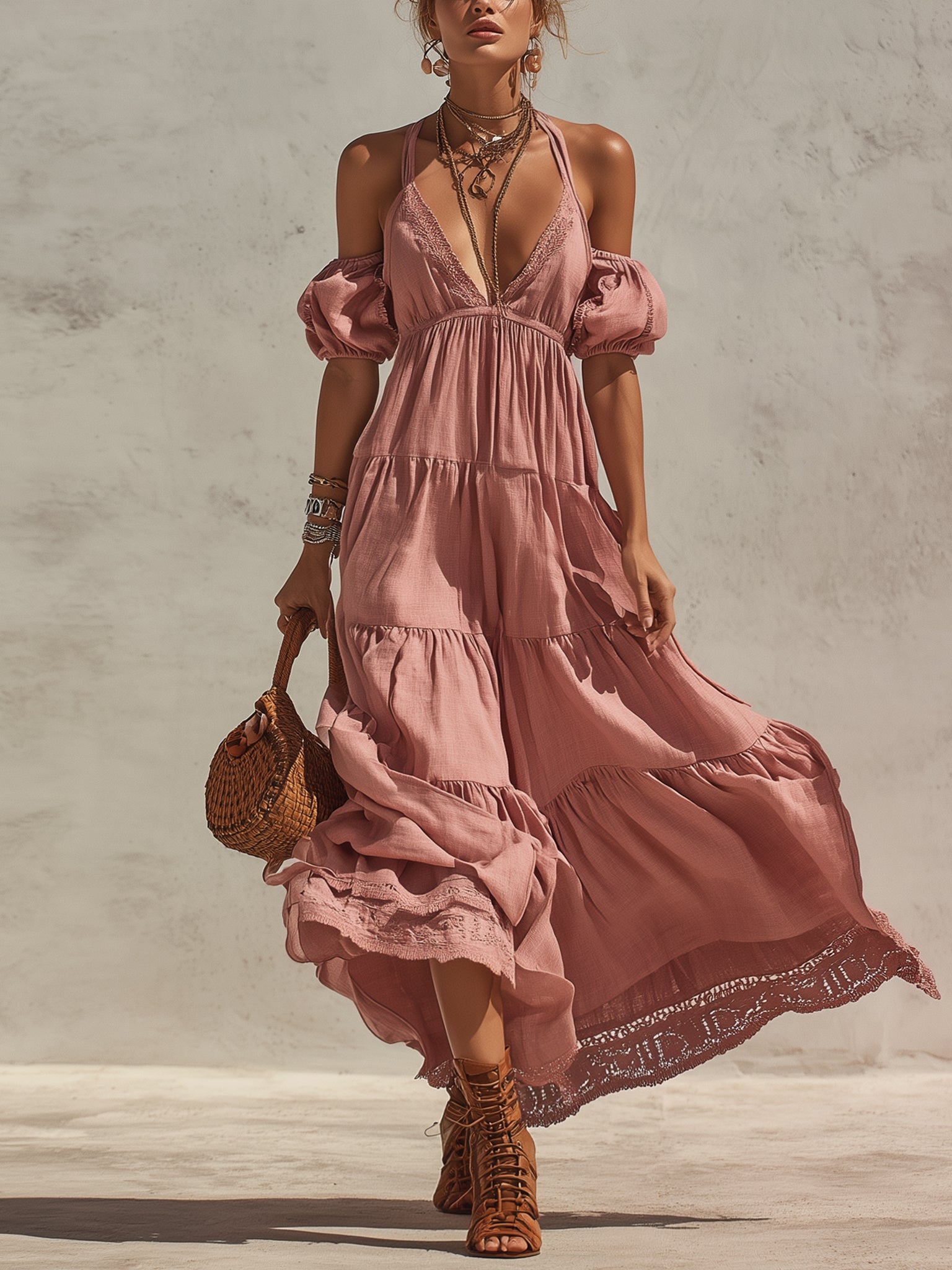 Pink Linen Blend Lace Maxi Dress