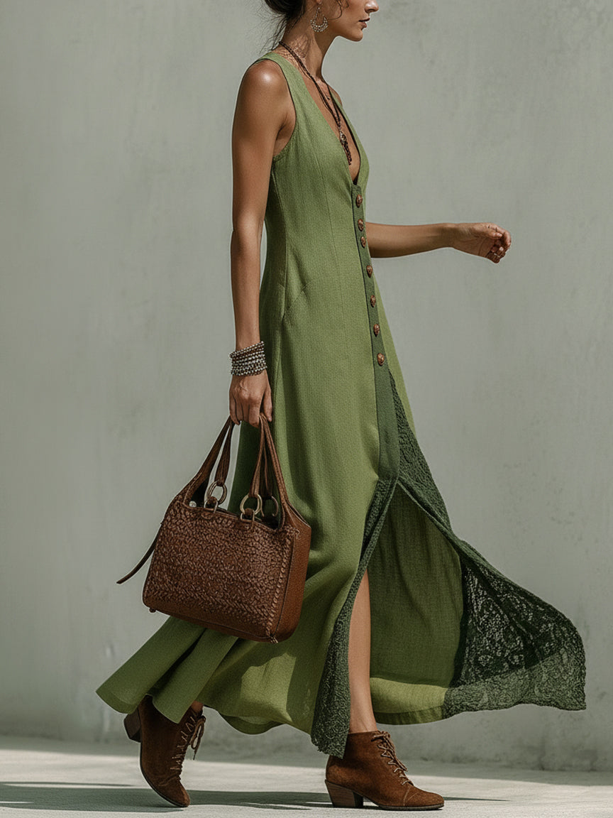 Green Sleeveless Linen  Maxi Dress