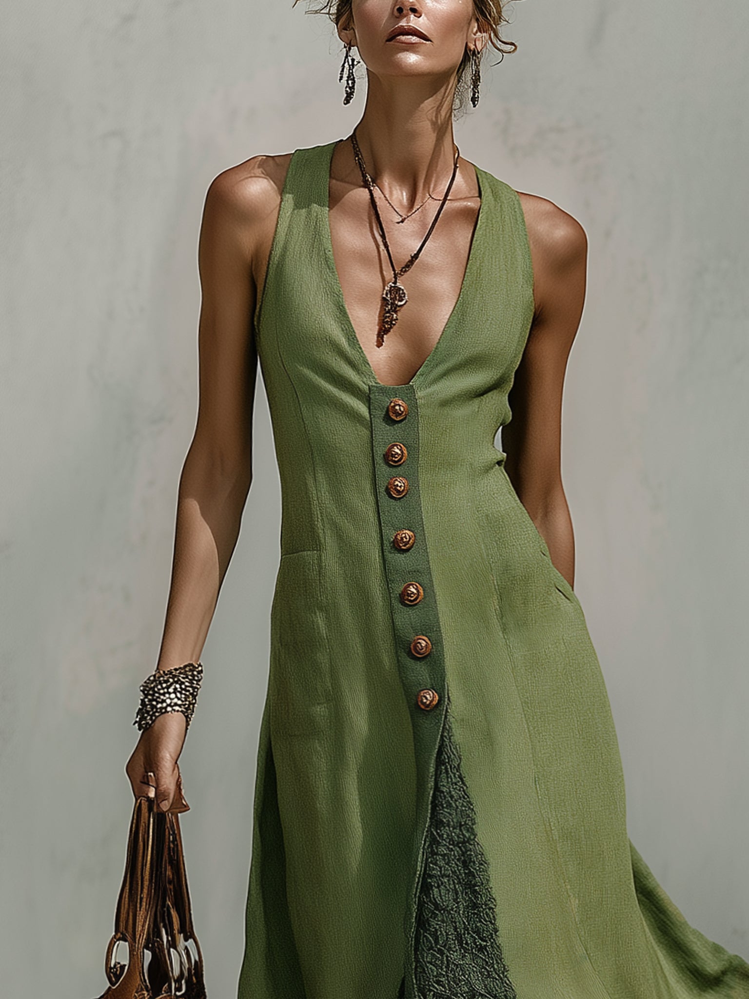 Green Sleeveless Linen  Maxi Dress