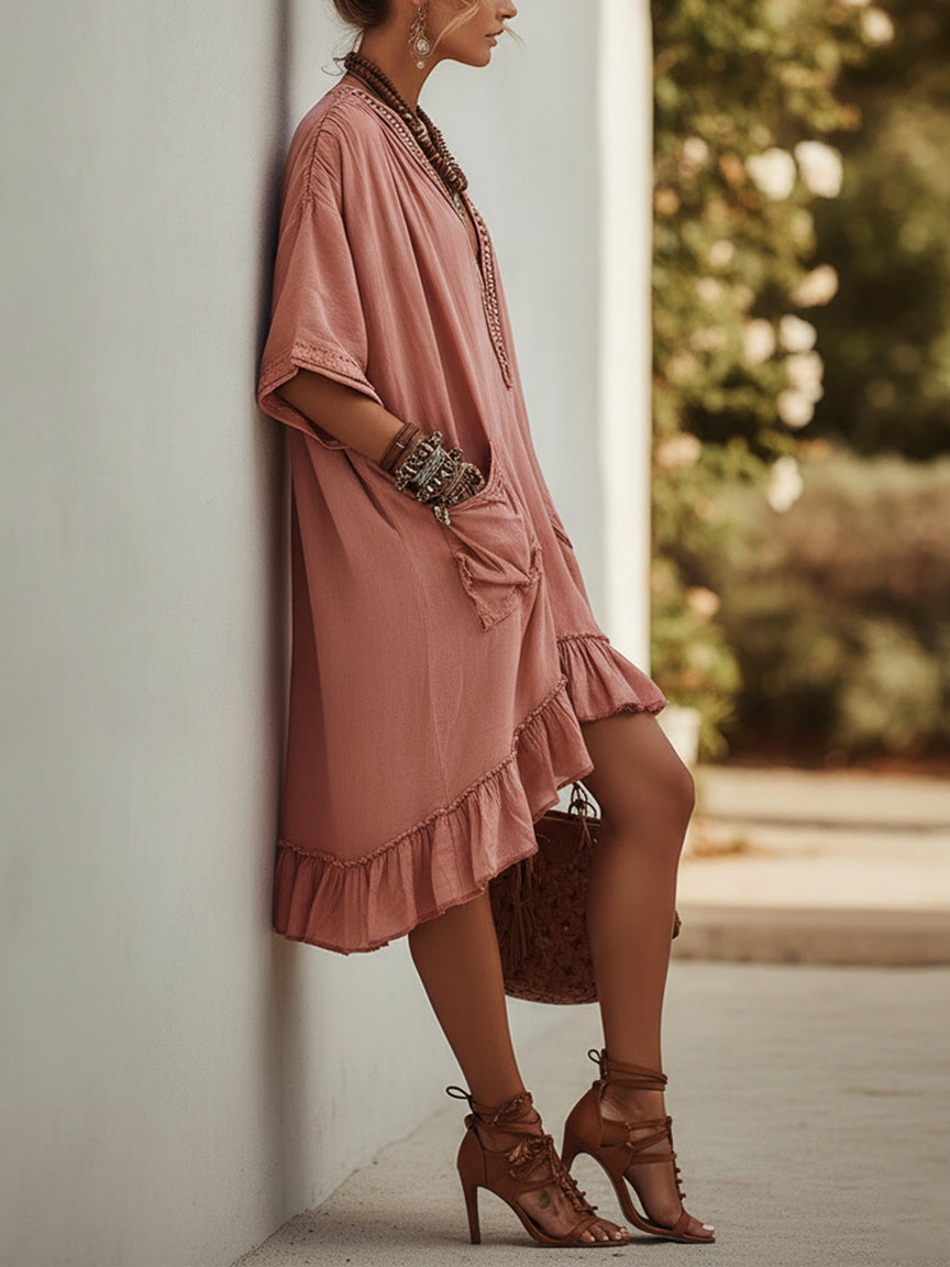 Pink Cotton And Linen Loose Midi Dress