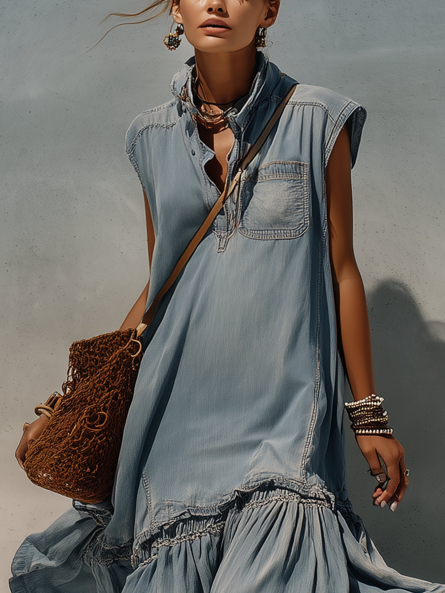 Blue Washed Denim Sleeveless Midi Dress