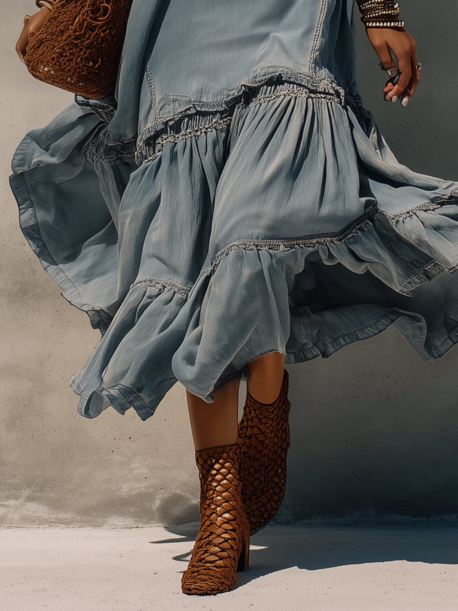 Blue Washed Denim Sleeveless Midi Dress