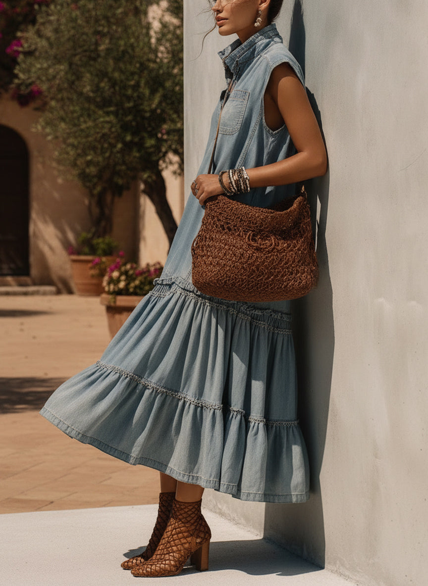 Blue Washed Denim Sleeveless Midi Dress